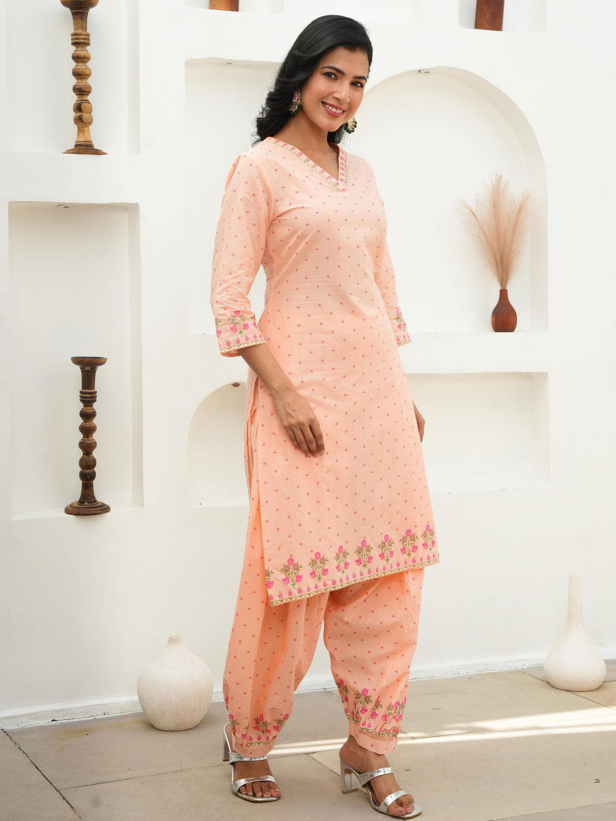 Soft Cotton Floral A-line Peach Kurta