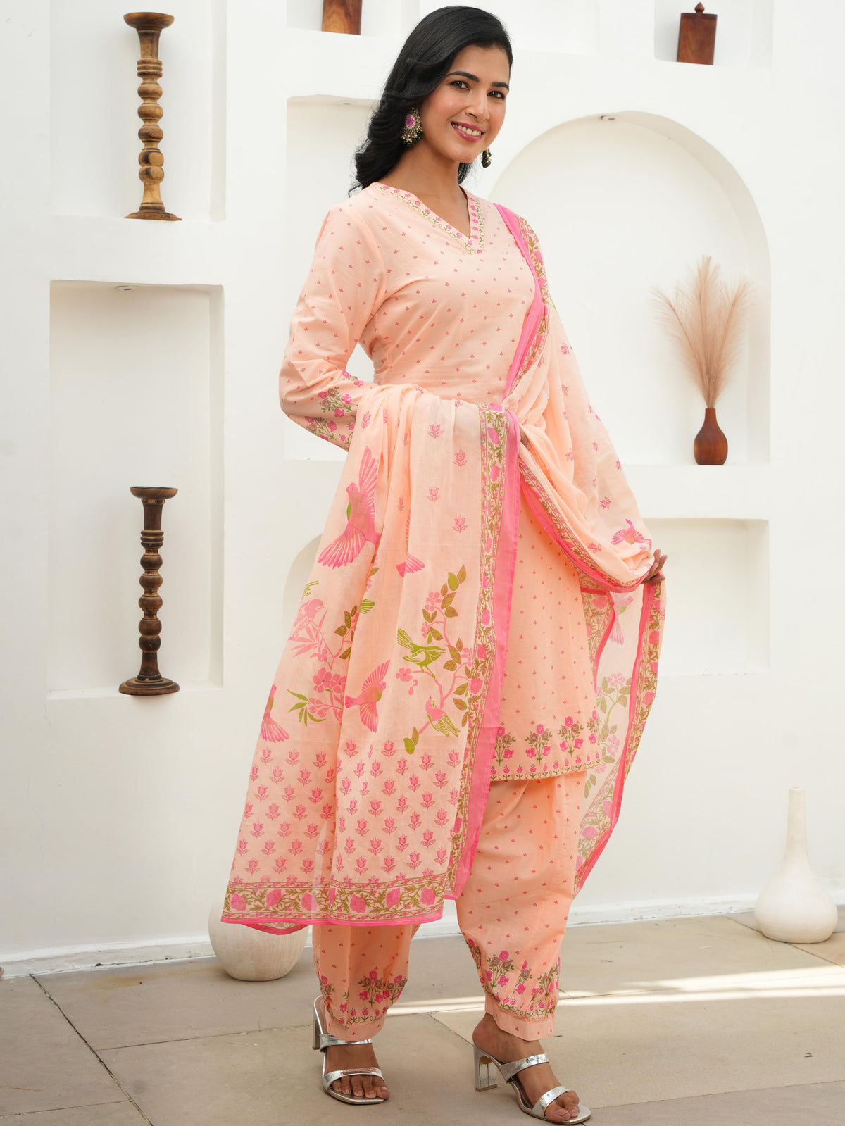 Soft Cotton Floral A-line Peach Kurta