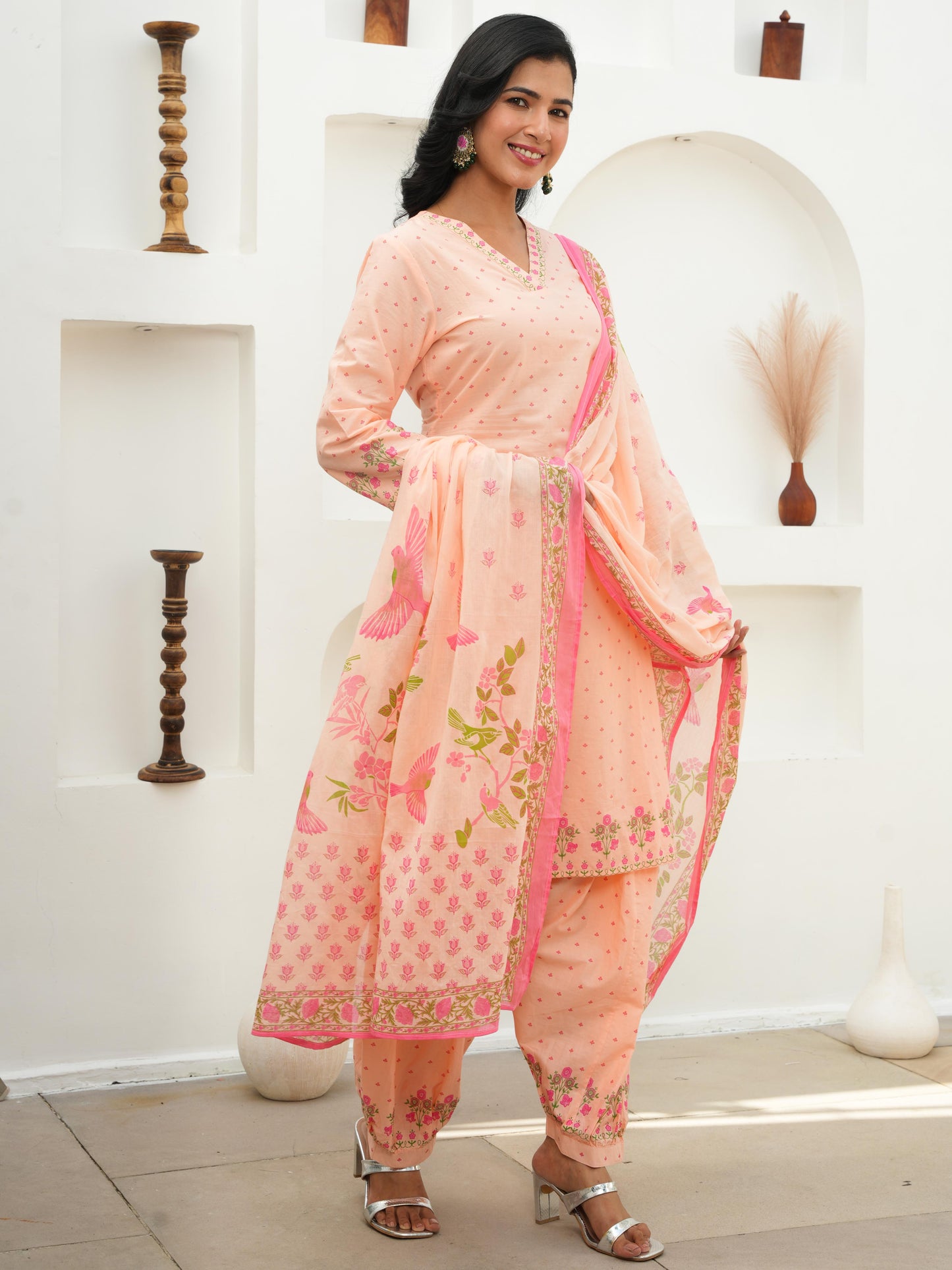 Soft Cotton Floral A-line Peach Kurta