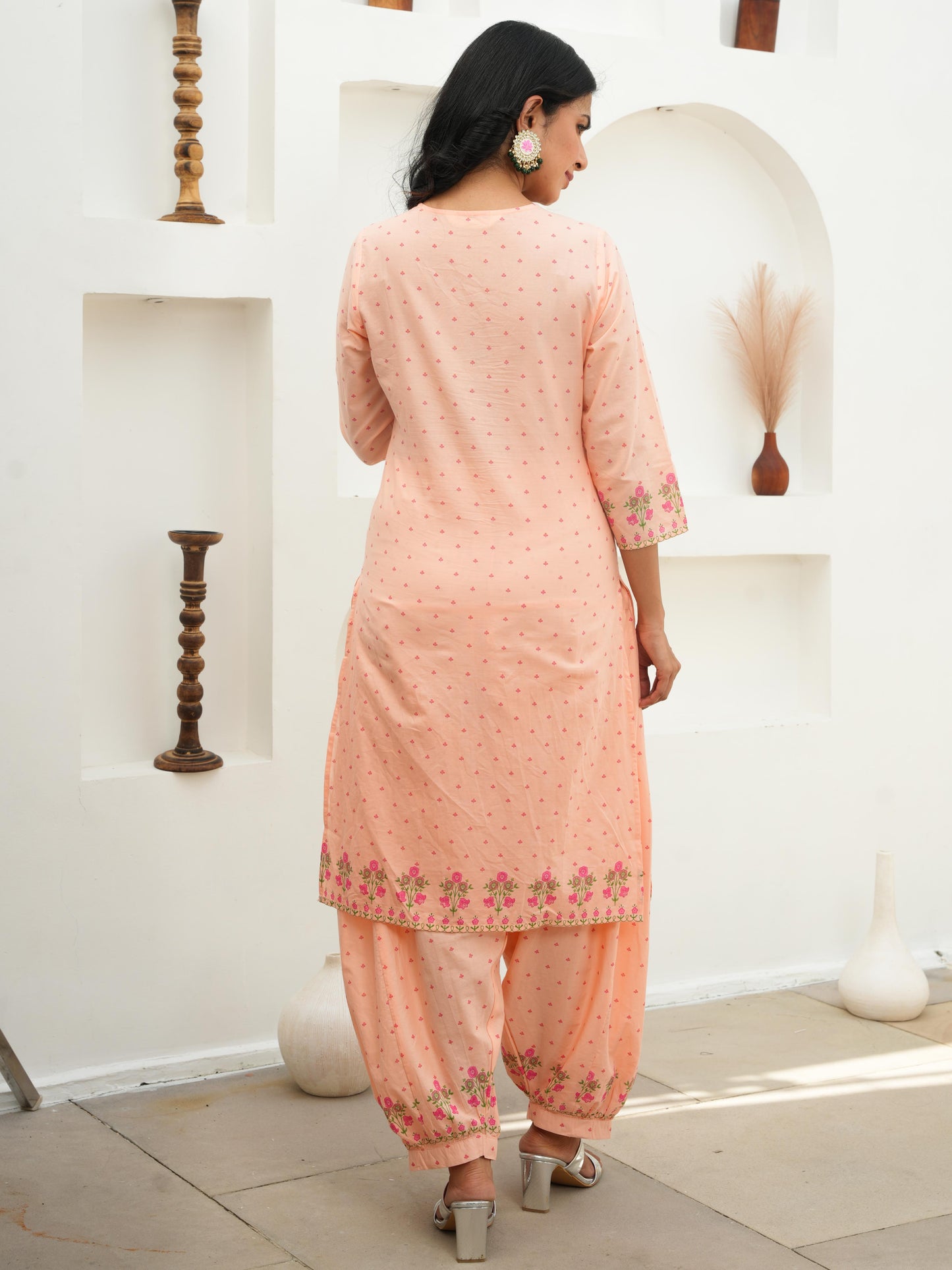 Soft Cotton Floral A-line Peach Kurta