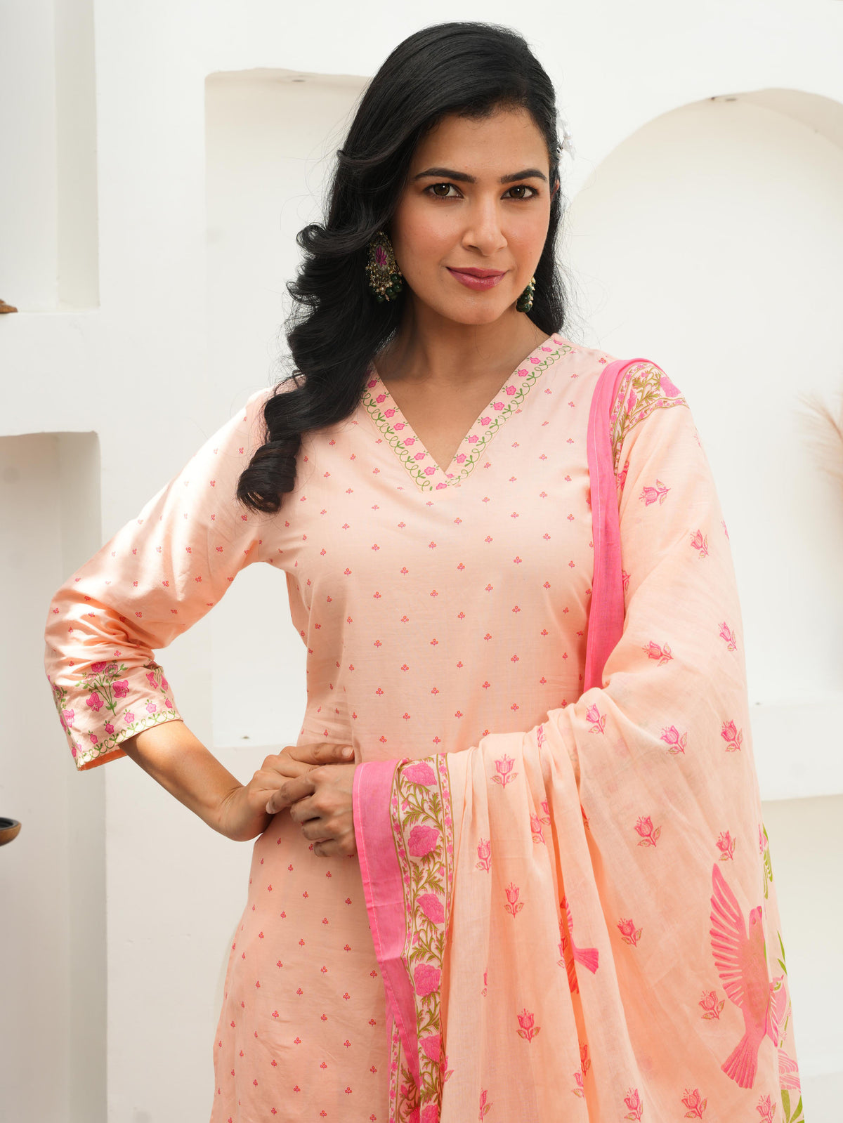 Soft Cotton Floral A-line Peach Kurta
