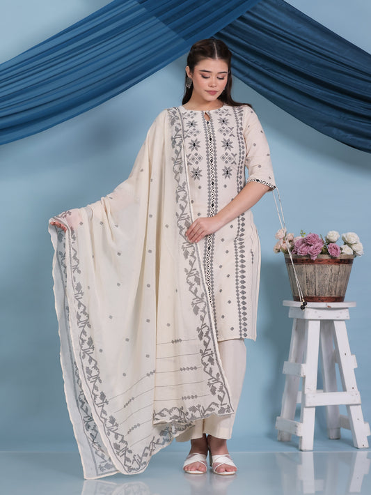 Cotton Voile Geometric Cream Dupatta