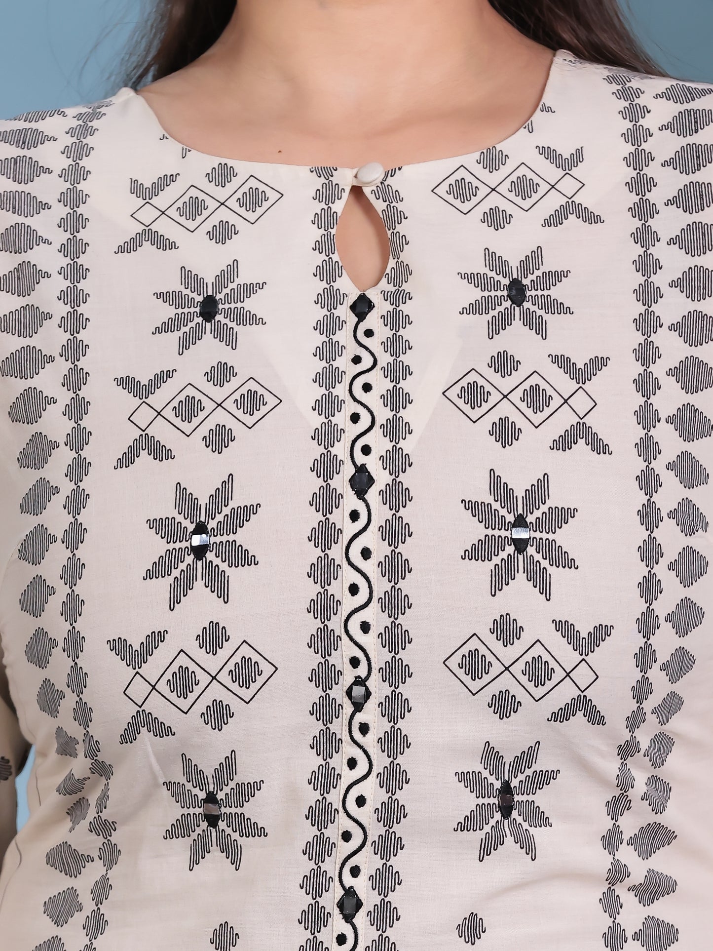 Embroidered Soft Cotton Geometric Straight Cream Kurta