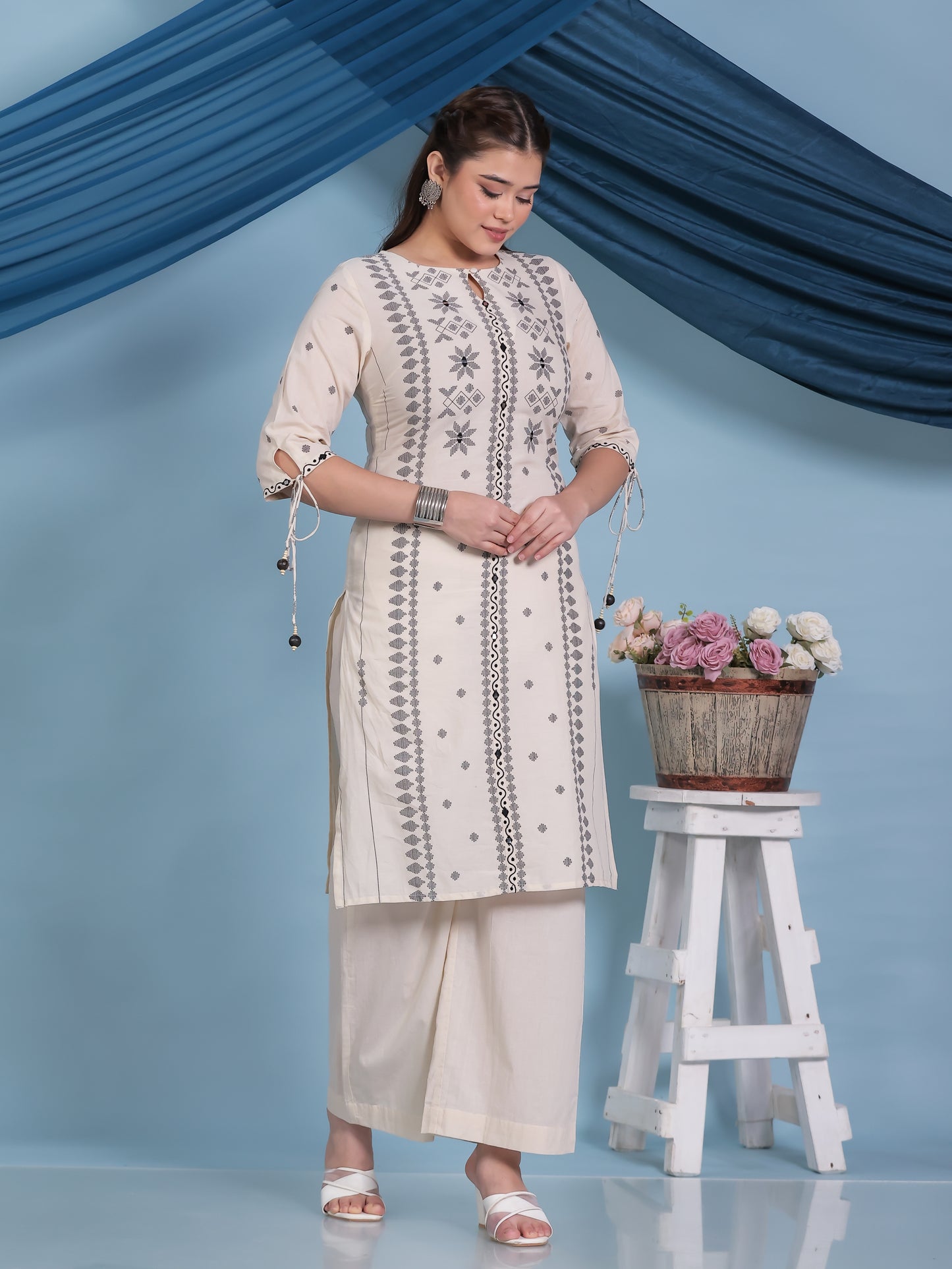Embroidered Soft Cotton Geometric Straight Cream Kurta