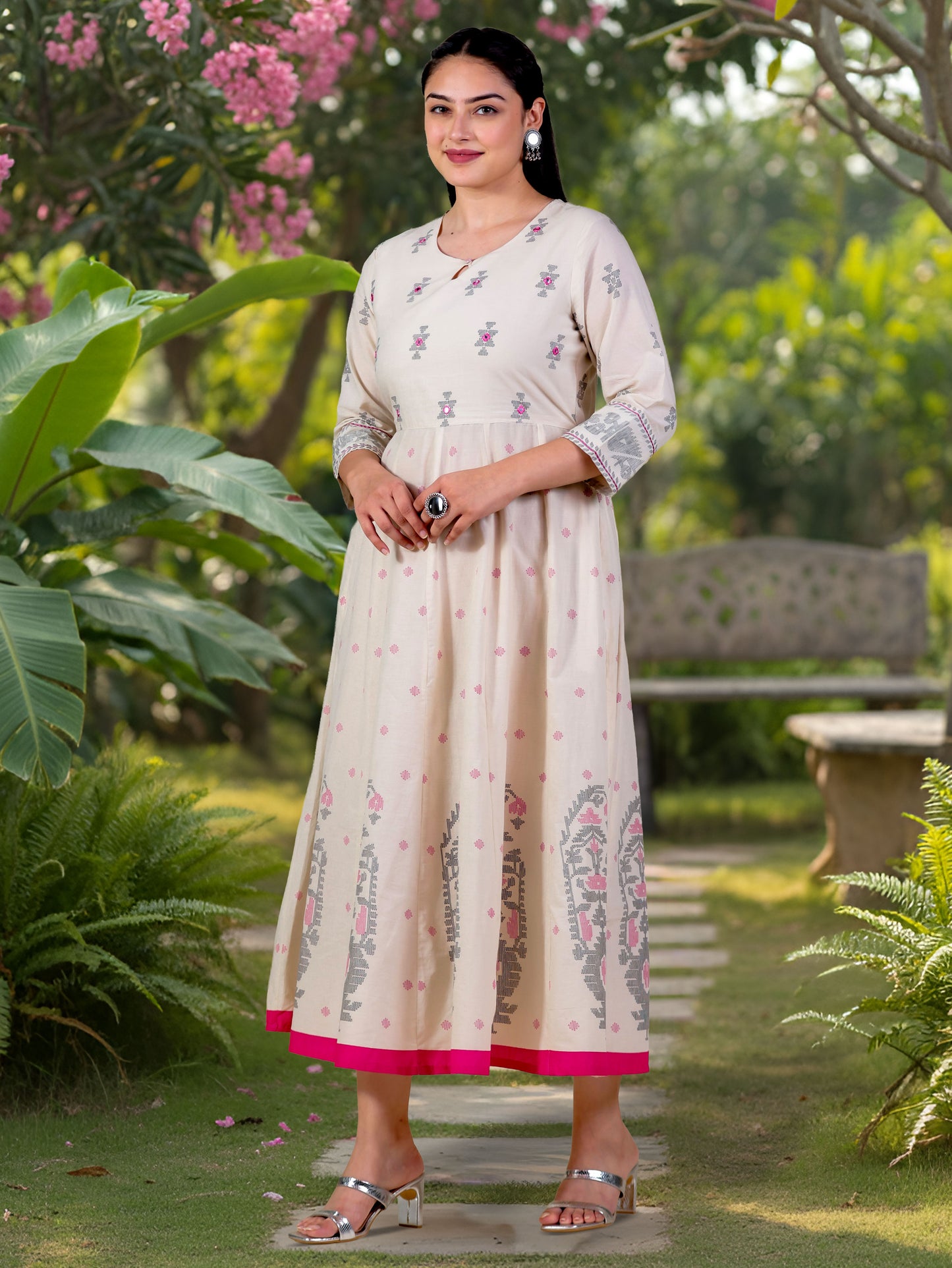 Embroidered Soft Cotton Butti Anarkali Cream Dress