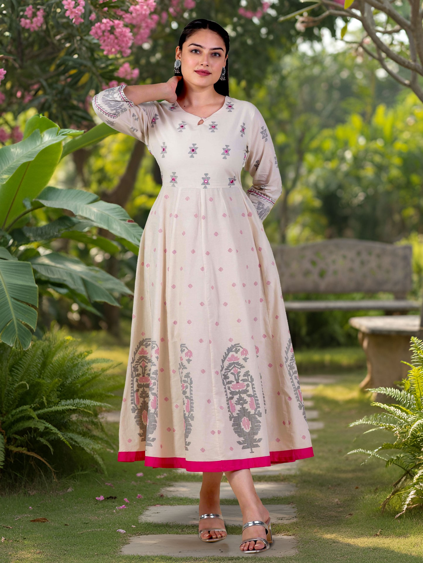 Embroidered Soft Cotton Butti Anarkali Cream Dress