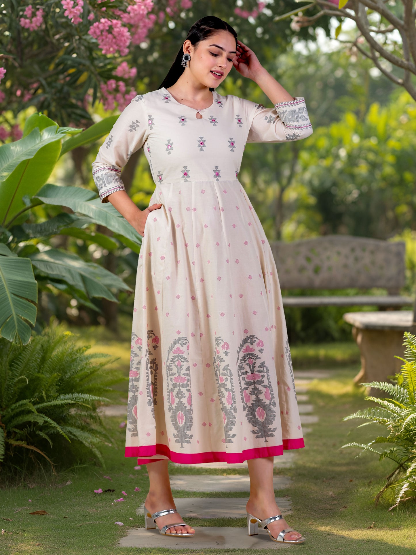 Embroidered Soft Cotton Butti Anarkali Cream Dress