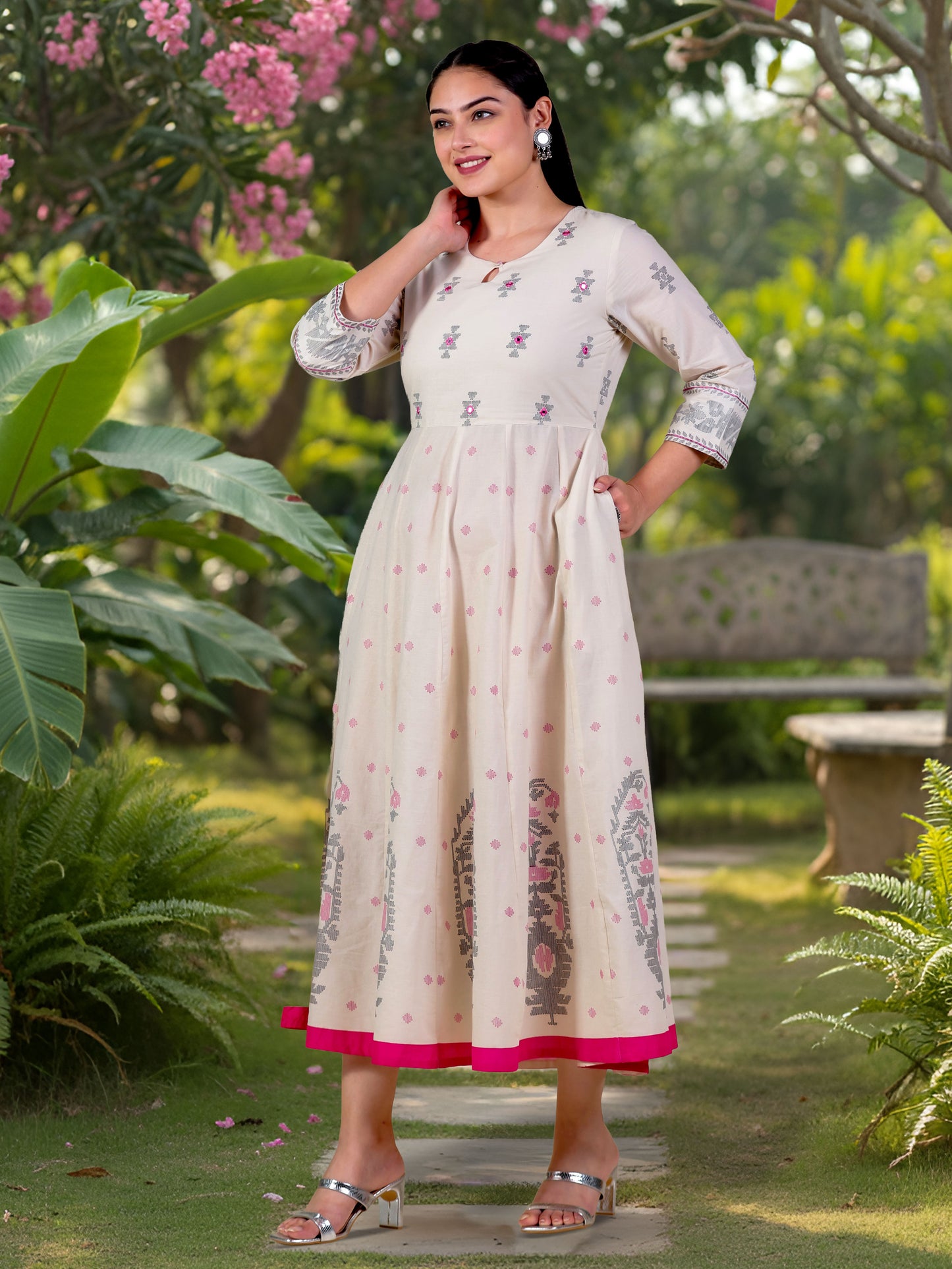 Embroidered Soft Cotton Butti Anarkali Cream Dress