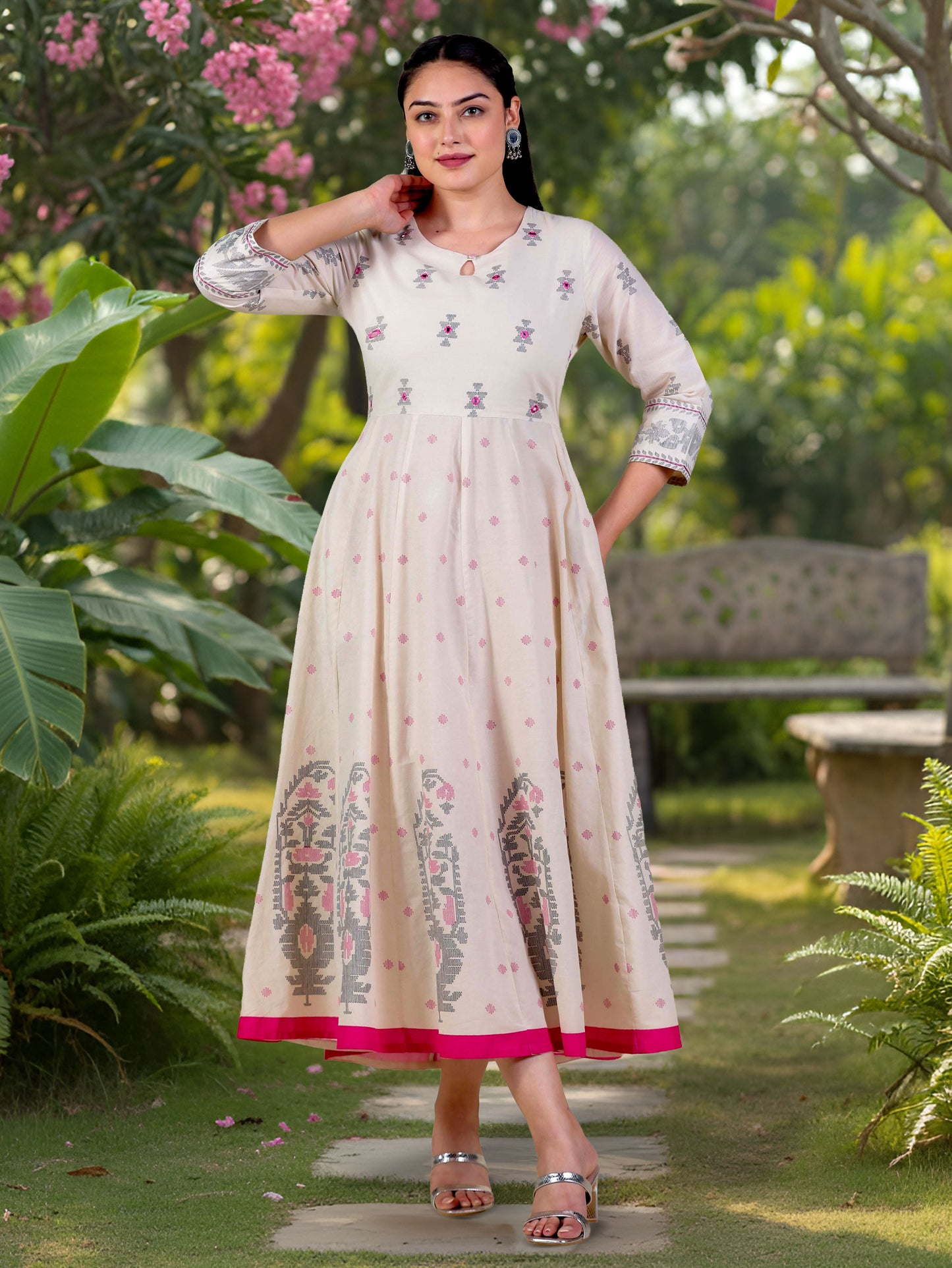 Embroidered Soft Cotton Butti Anarkali Cream Dress