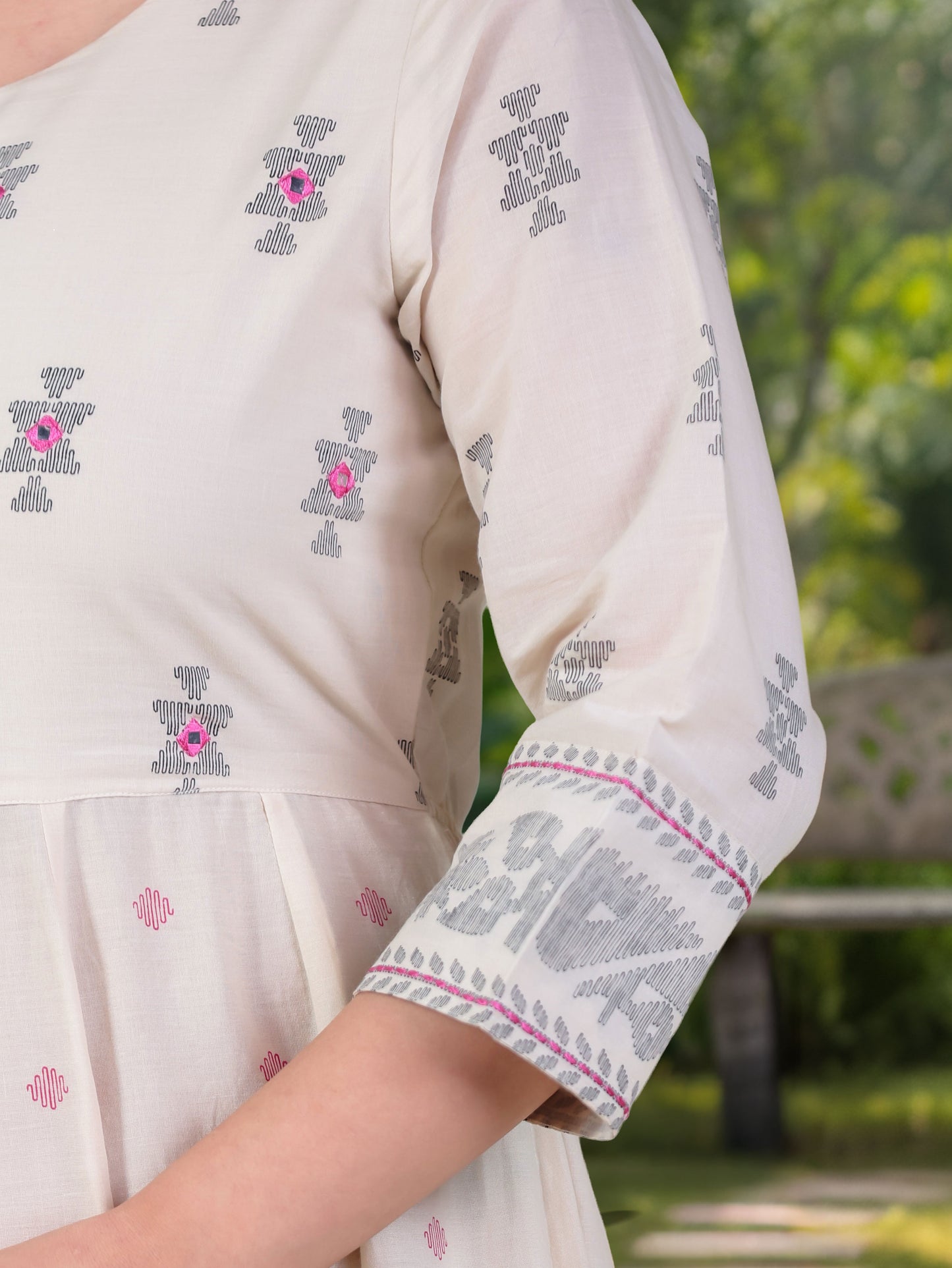 Embroidered Soft Cotton Butti Anarkali Cream Dress