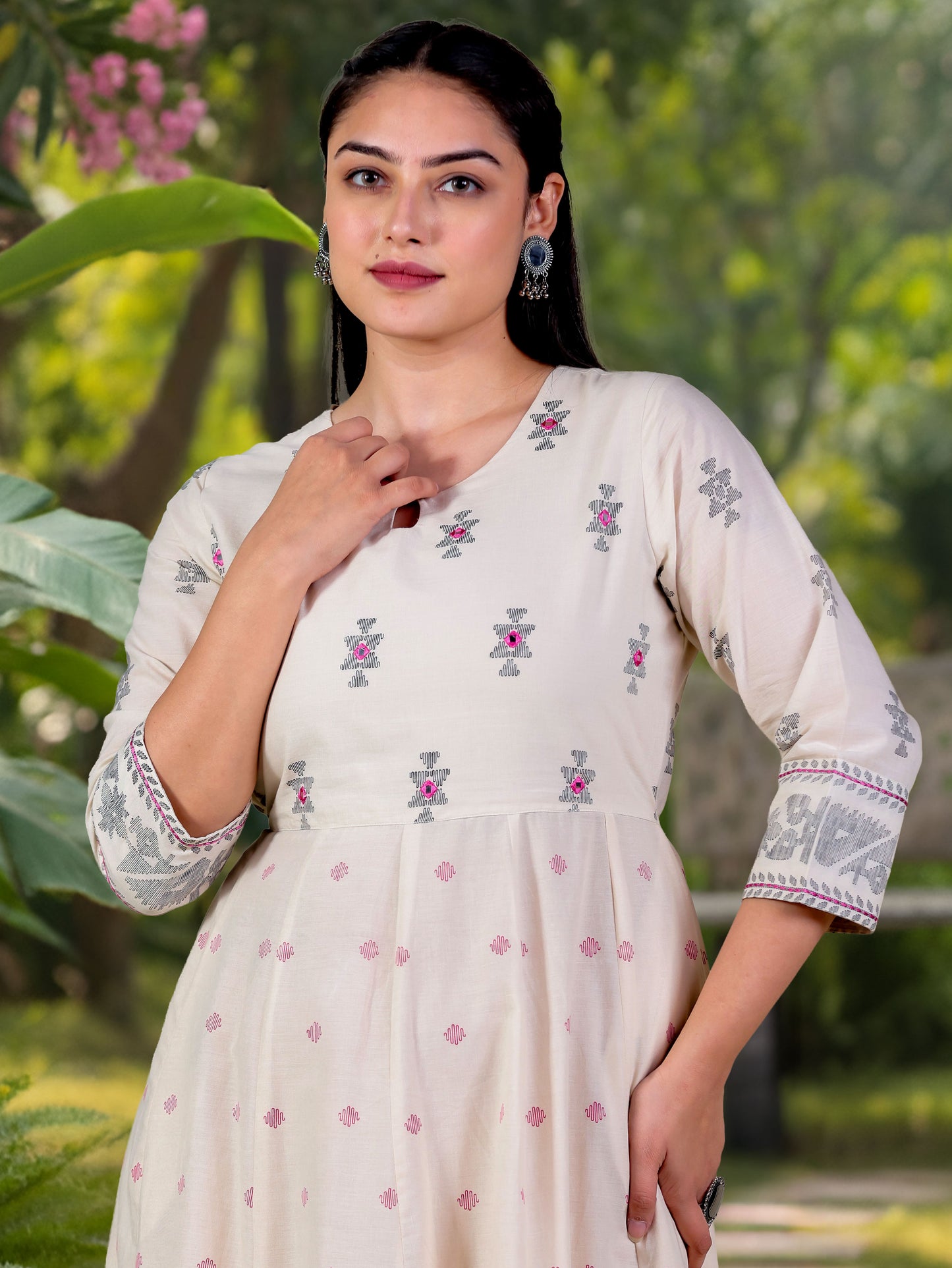 Embroidered Soft Cotton Butti Anarkali Cream Dress