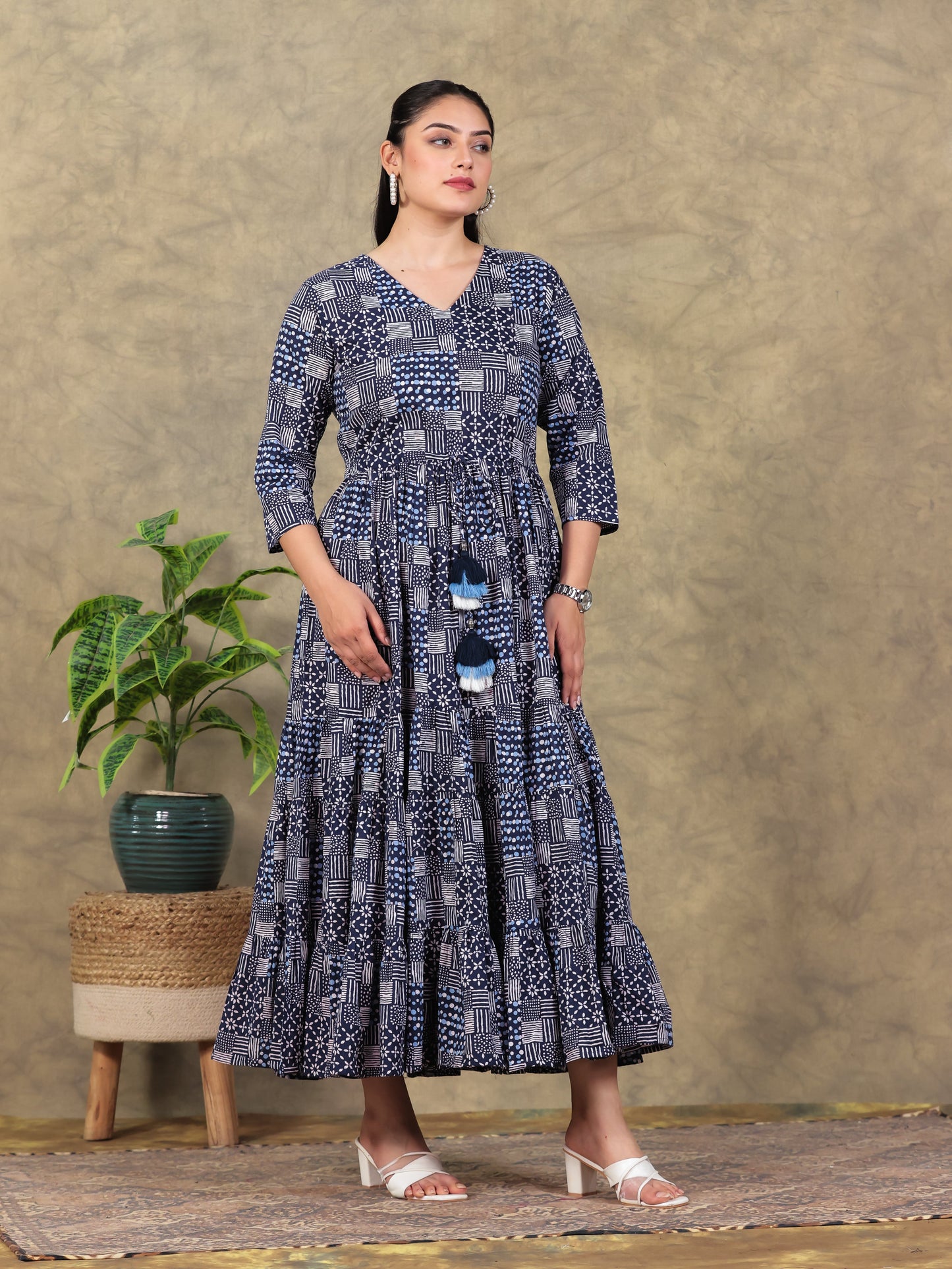Soft Cotton Geometric Anarkali Indigo blue Dress