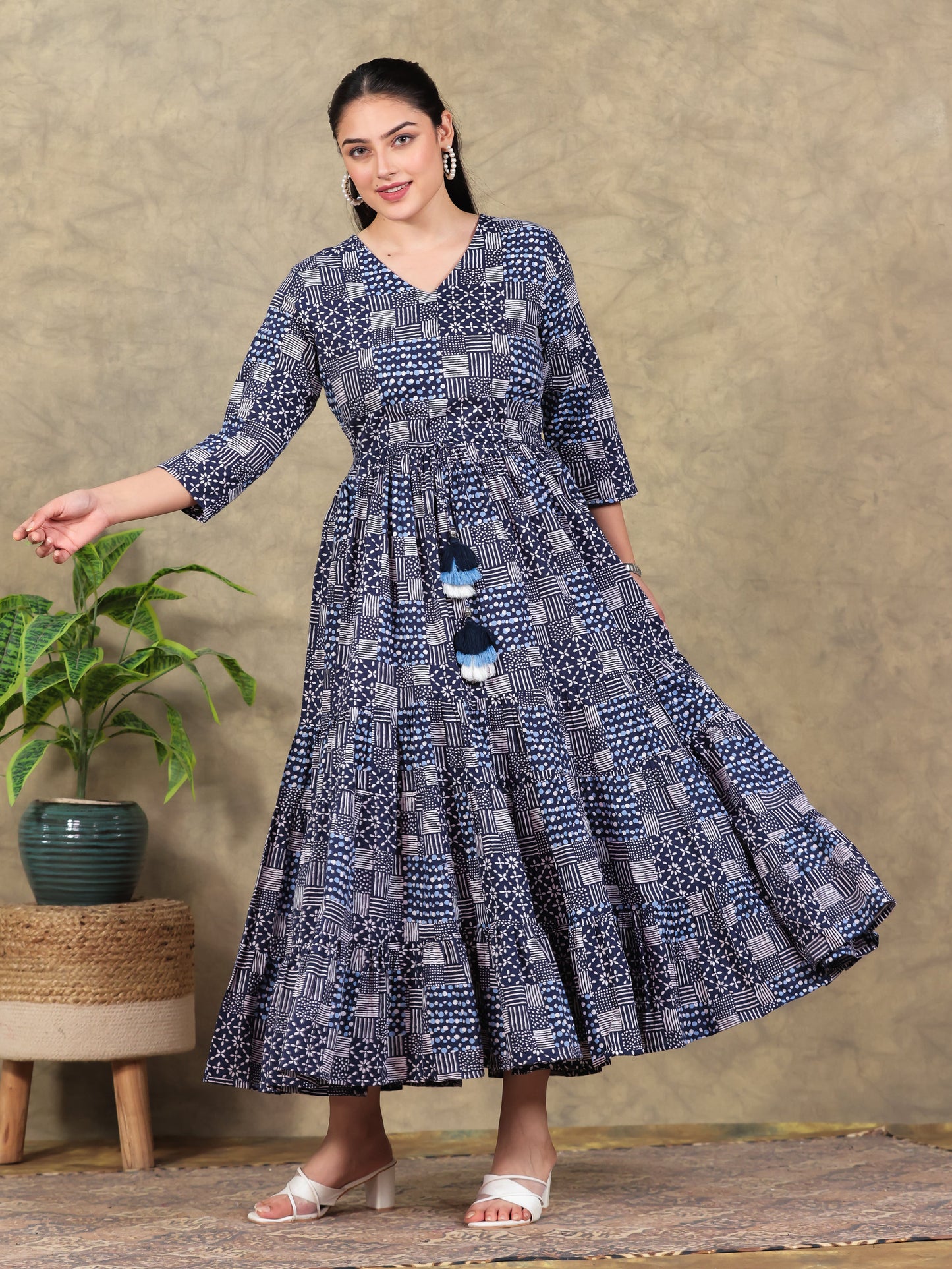 Soft Cotton Geometric Anarkali Indigo blue Dress