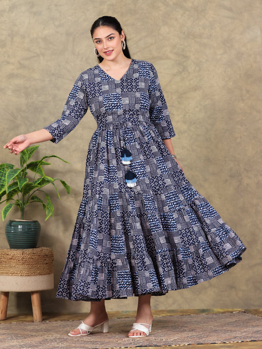 Soft Cotton Geometric Anarkali Indigo blue Dress