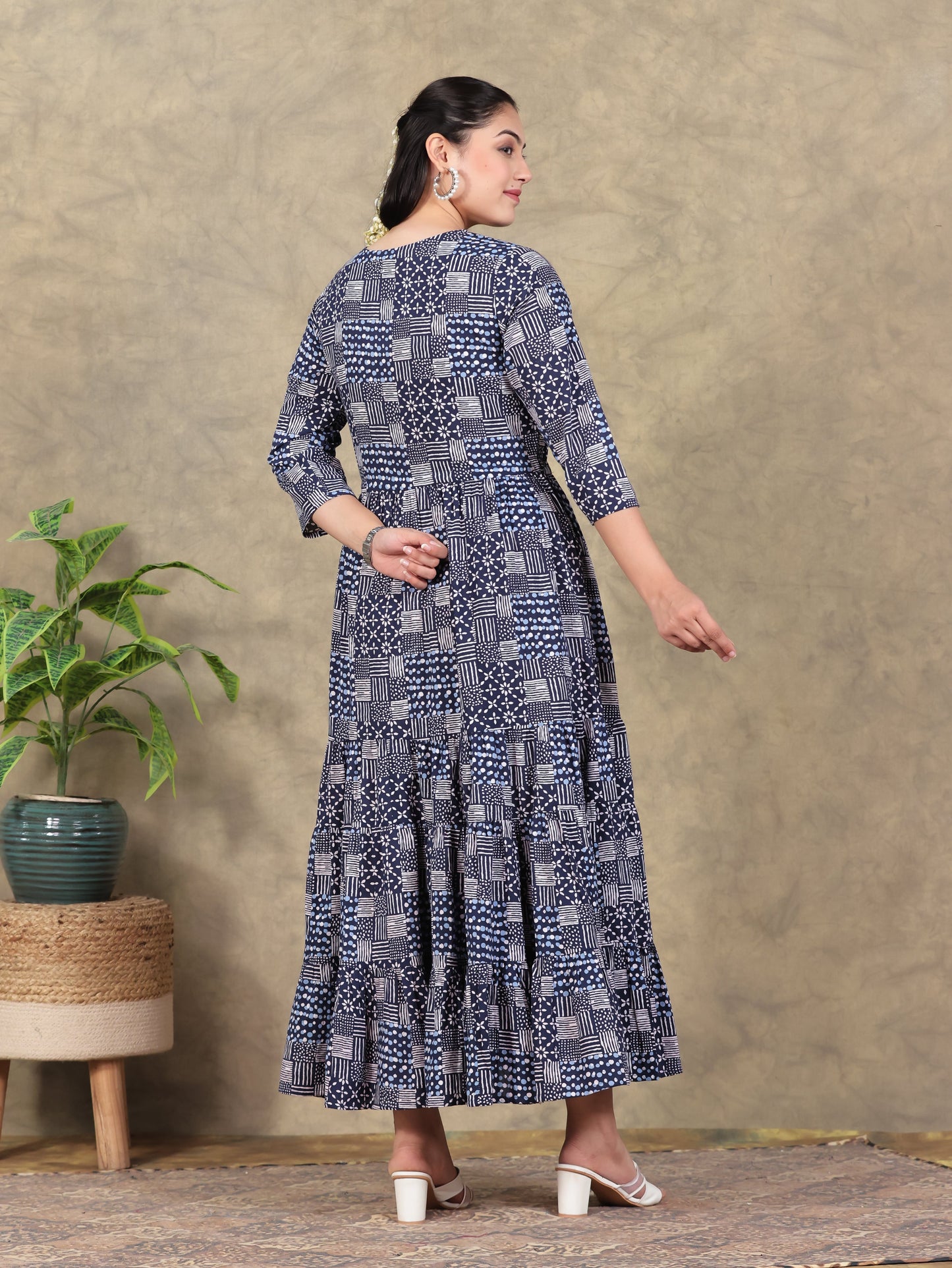 Soft Cotton Geometric Anarkali Indigo blue Dress