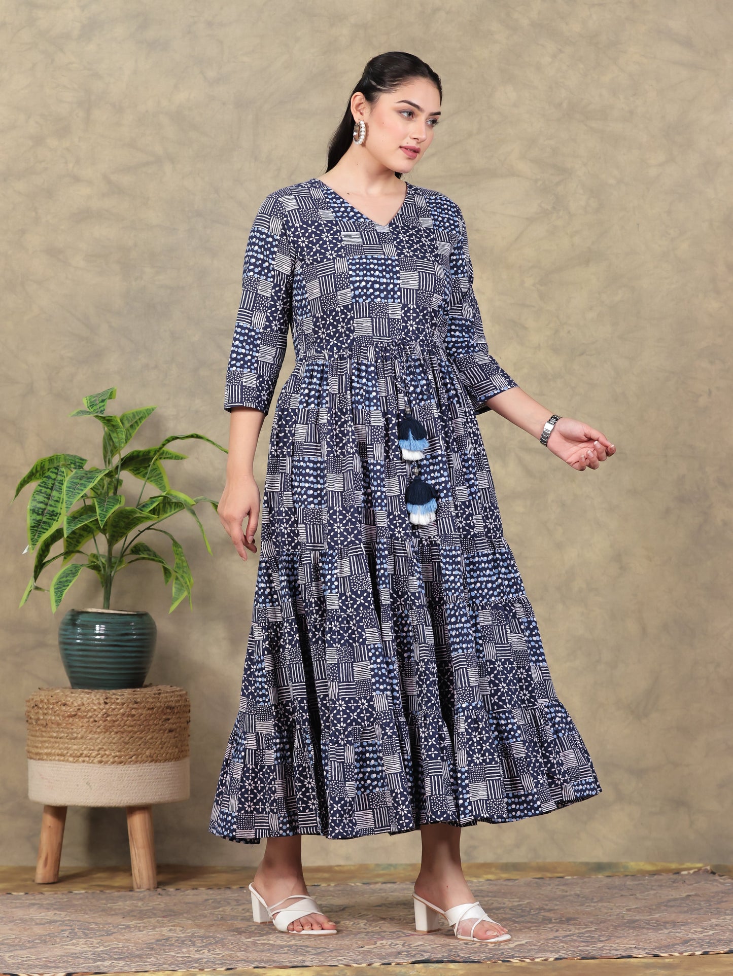 Soft Cotton Geometric Anarkali Indigo blue Dress
