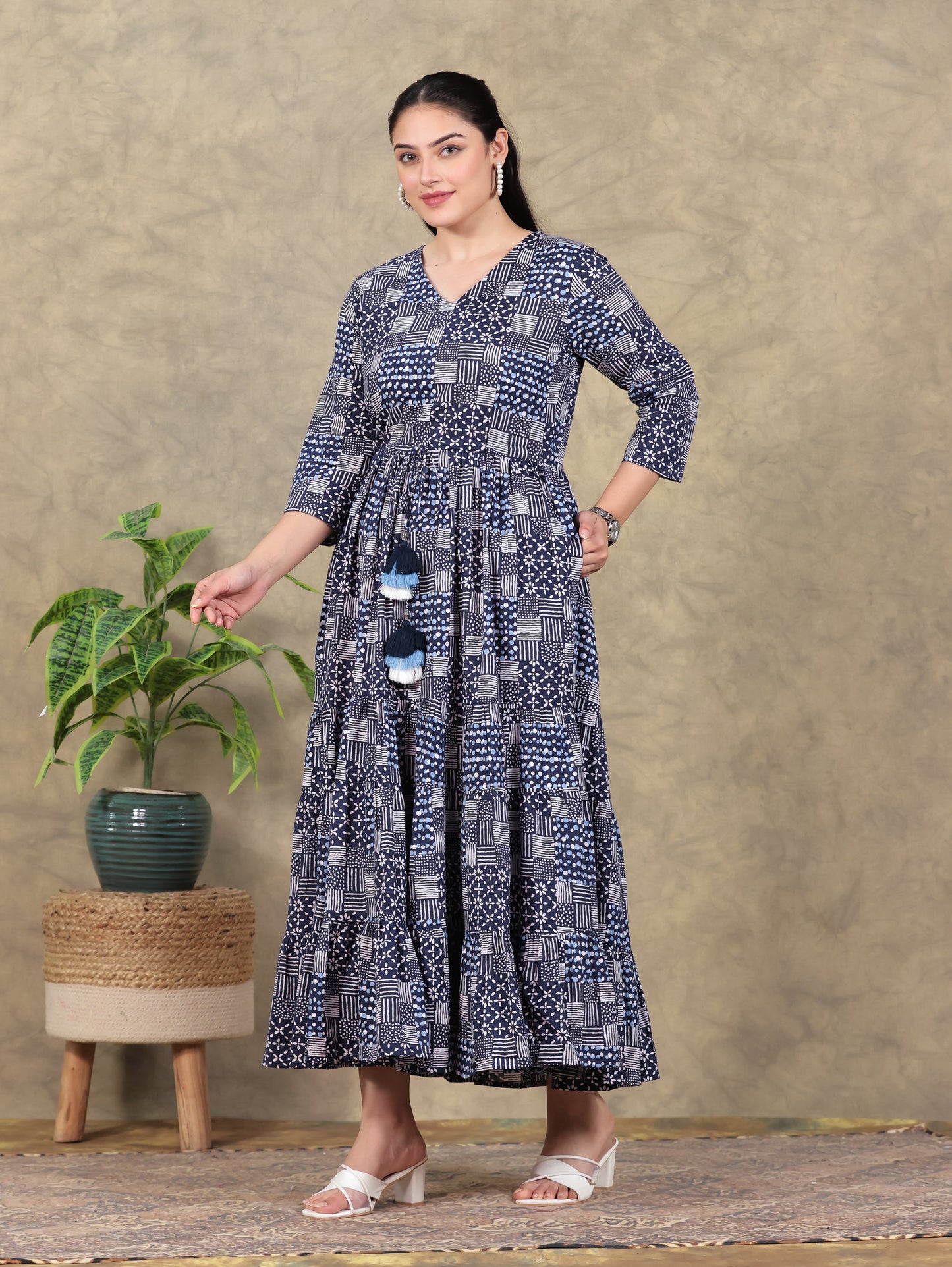 Soft Cotton Geometric Anarkali Indigo blue Dress