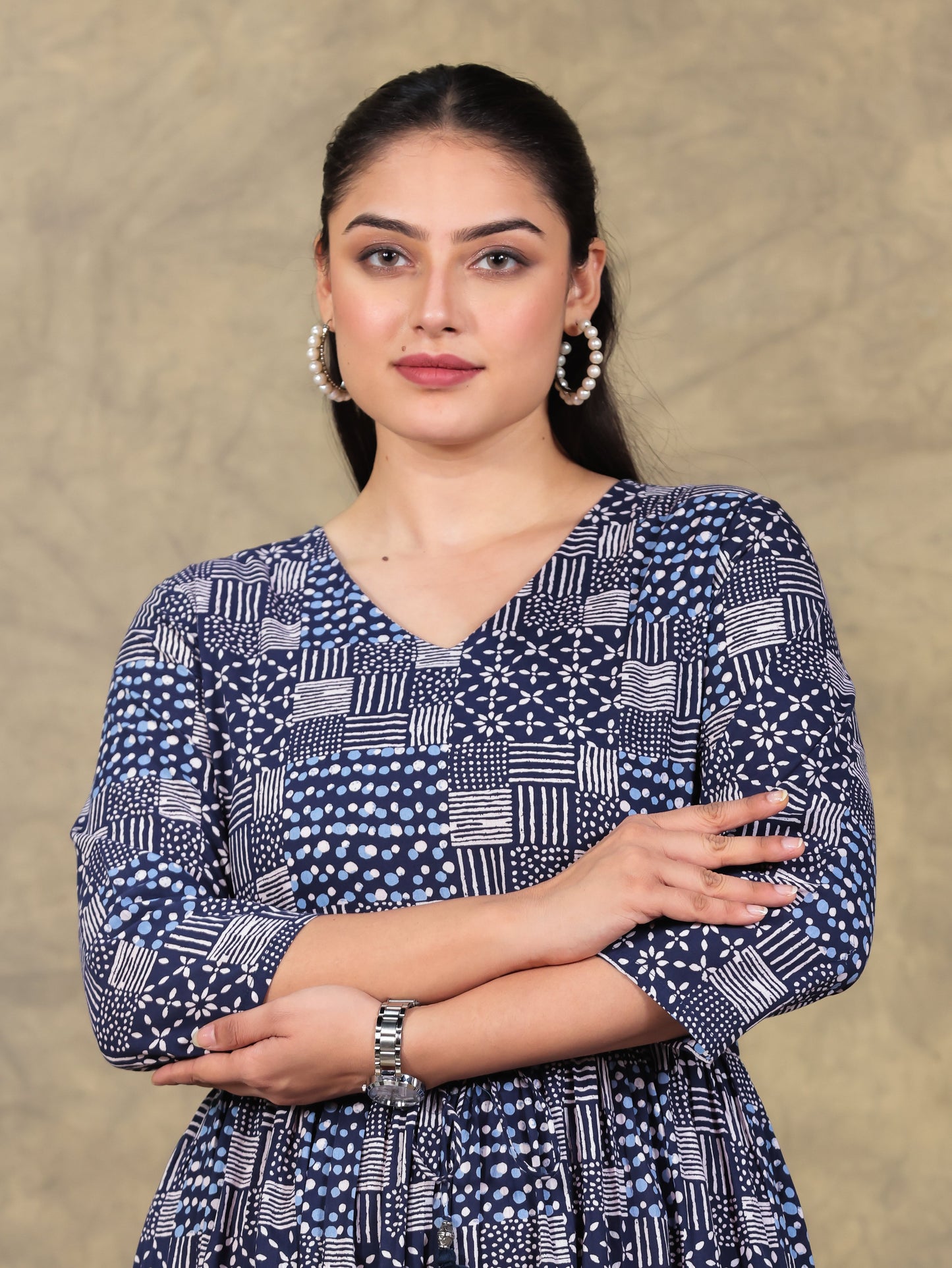 Soft Cotton Geometric Anarkali Indigo blue Dress