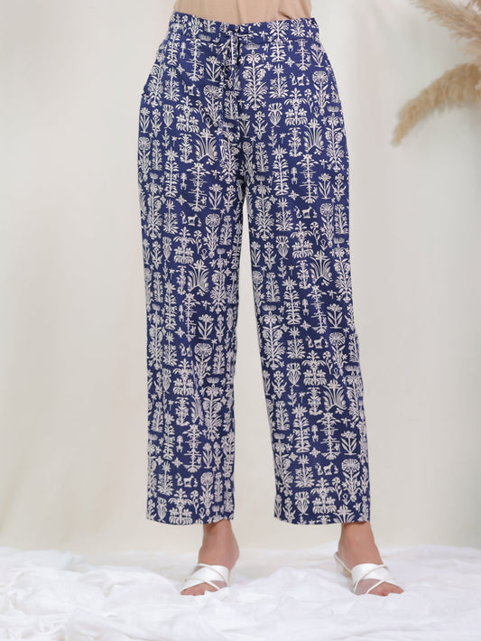 Soft Cotton Butta Indigo blue Straight Trousers
