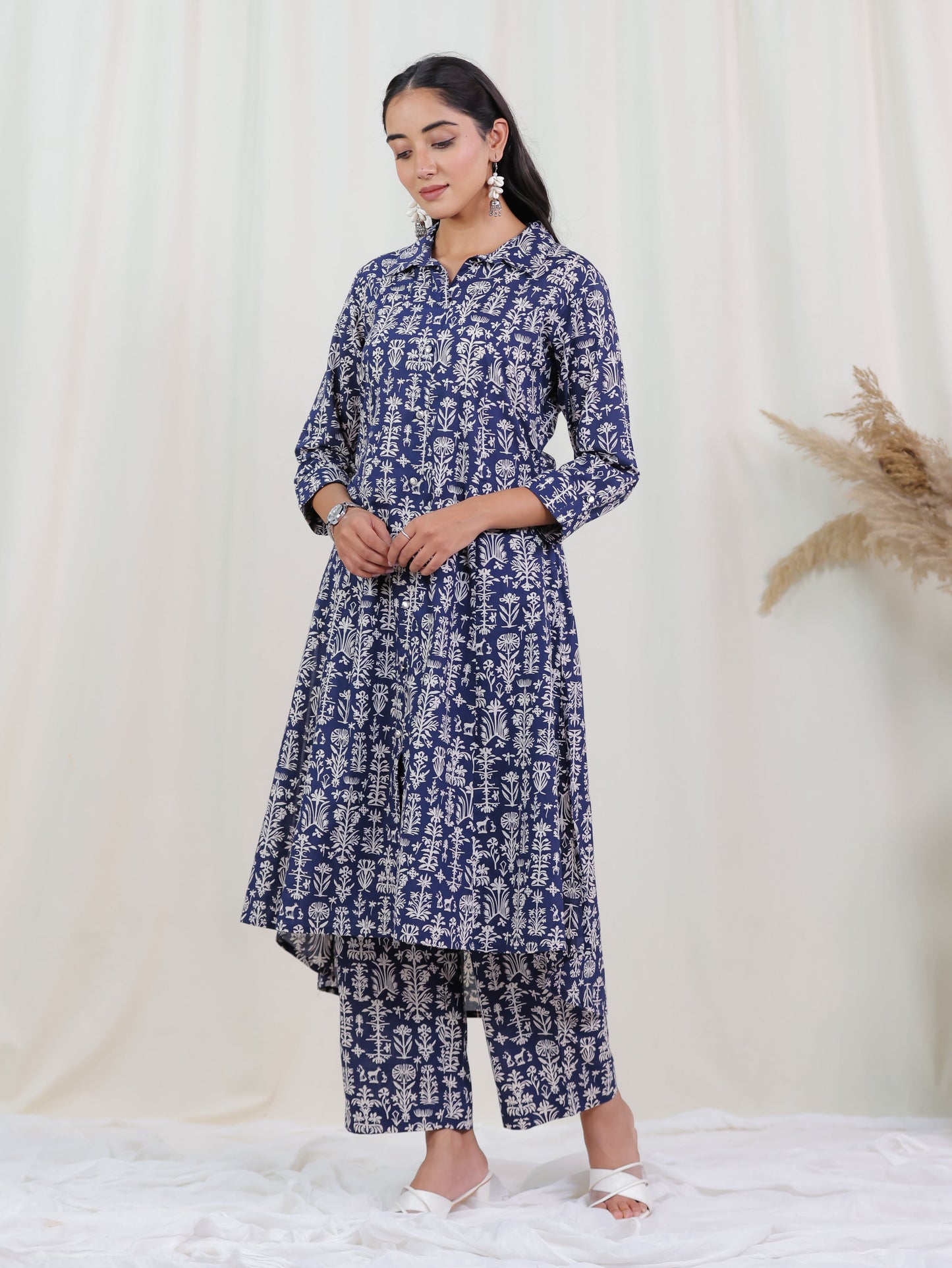 Soft Cotton Butta High Low Indigo blue Kurta