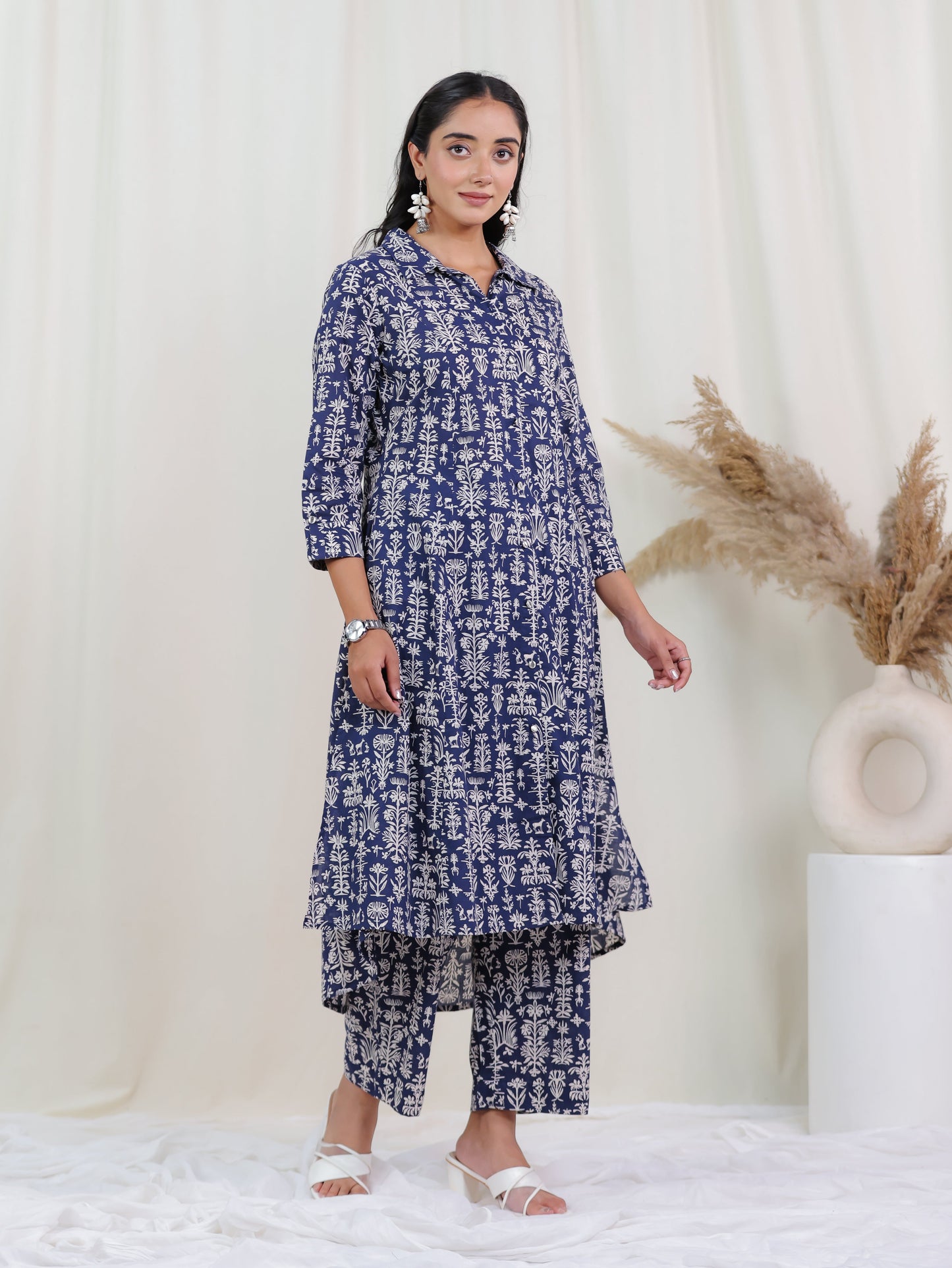 Soft Cotton Butta High Low Indigo blue Kurta