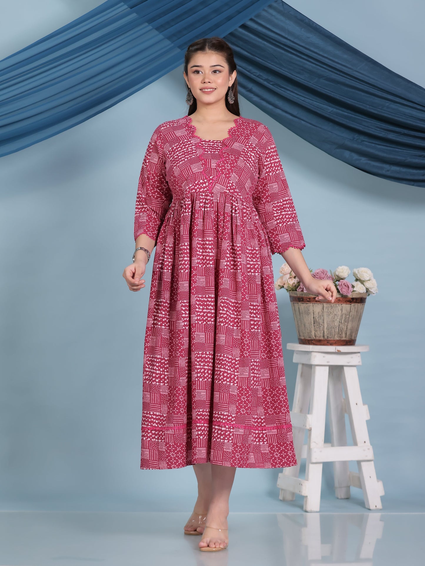 Soft Cotton Patchwork Anarkali Pink Dress