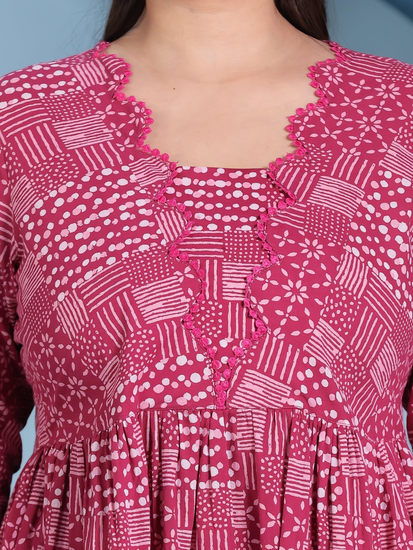 Soft Cotton Patchwork Anarkali Pink Dress