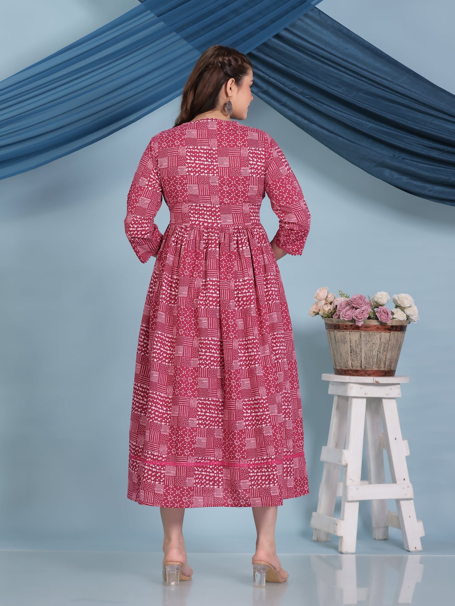 Soft Cotton Patchwork Anarkali Pink Dress