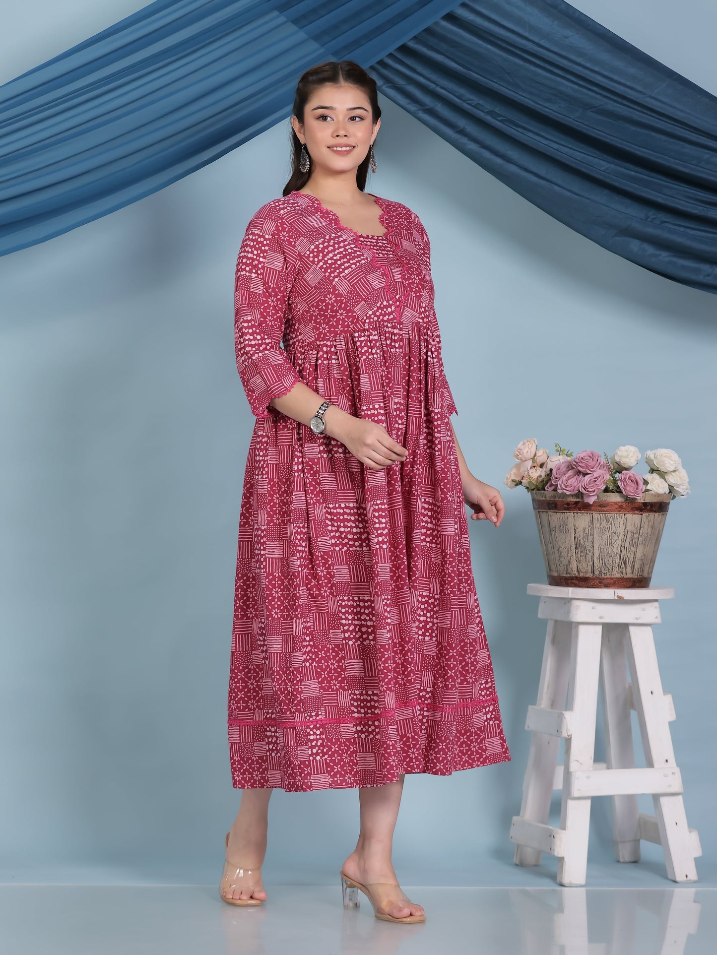 Soft Cotton Patchwork Anarkali Pink Dress
