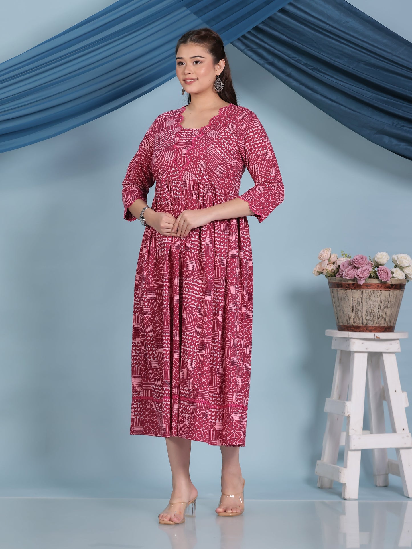 Soft Cotton Patchwork Anarkali Pink Dress