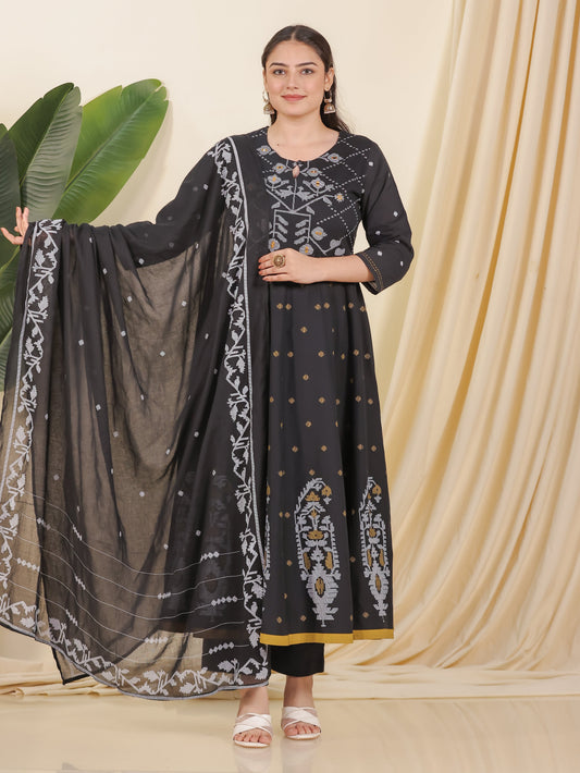 Cotton Voile Geometric Black Dupatta