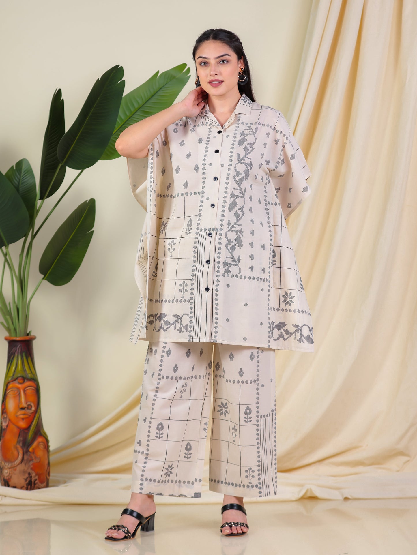Soft Cotton Patchwork Kaftan Cream Kurta