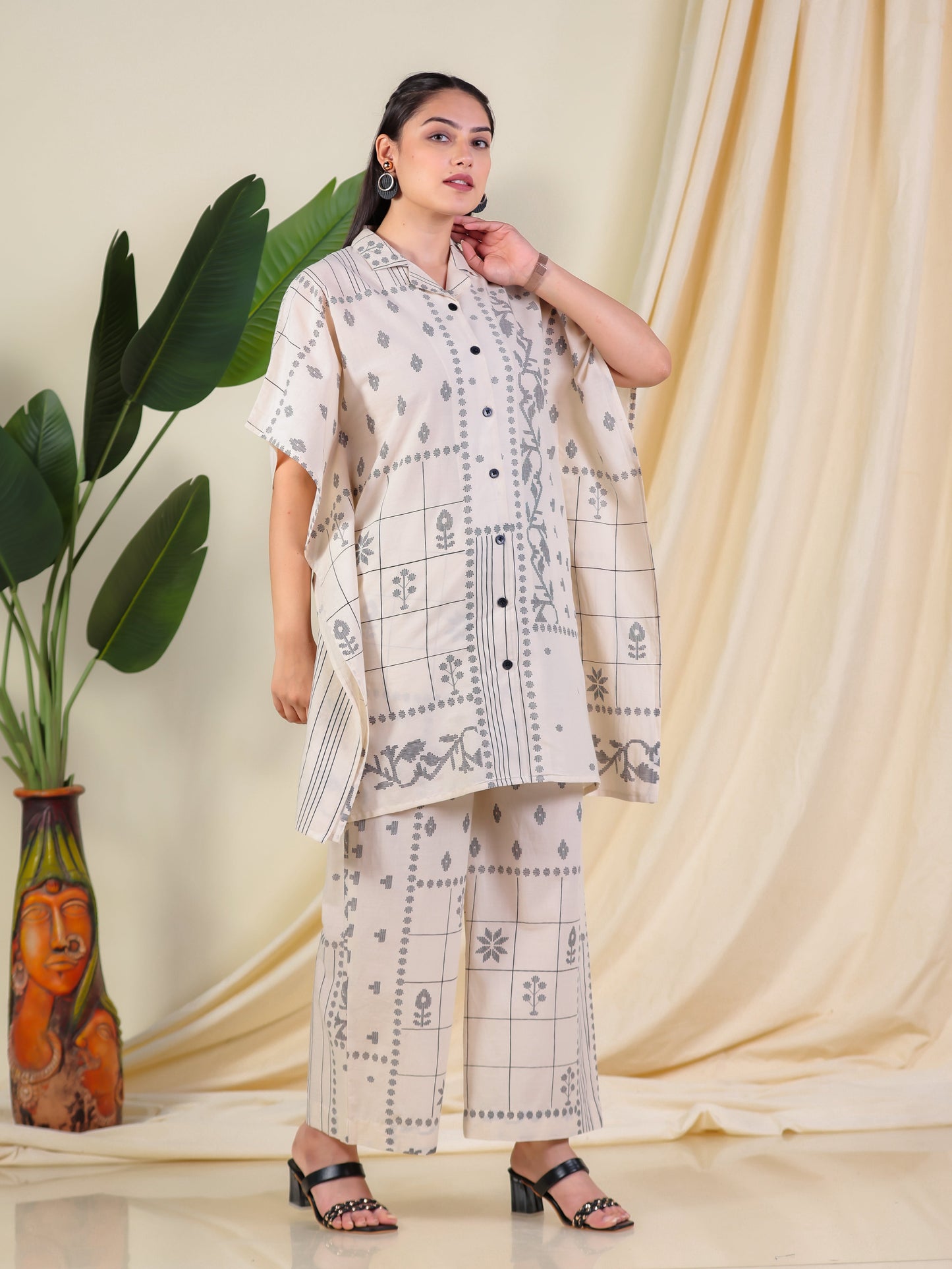 Soft Cotton Patchwork Kaftan Cream Kurta