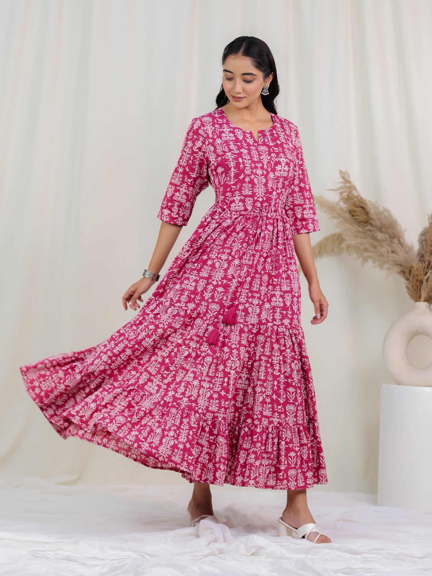 Soft Cotton Floral Anarkali Pink Dress