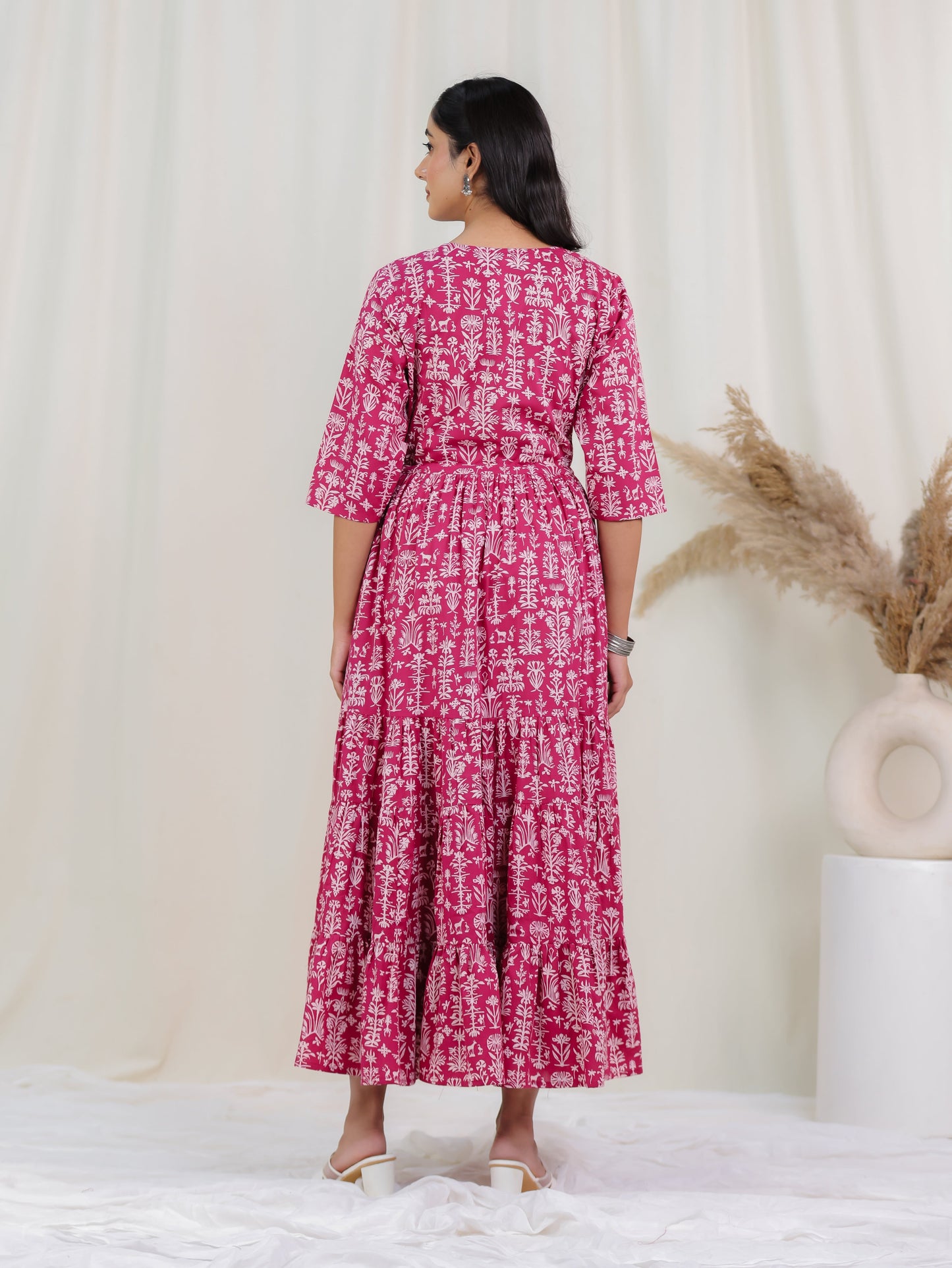 Soft Cotton Floral Anarkali Pink Dress