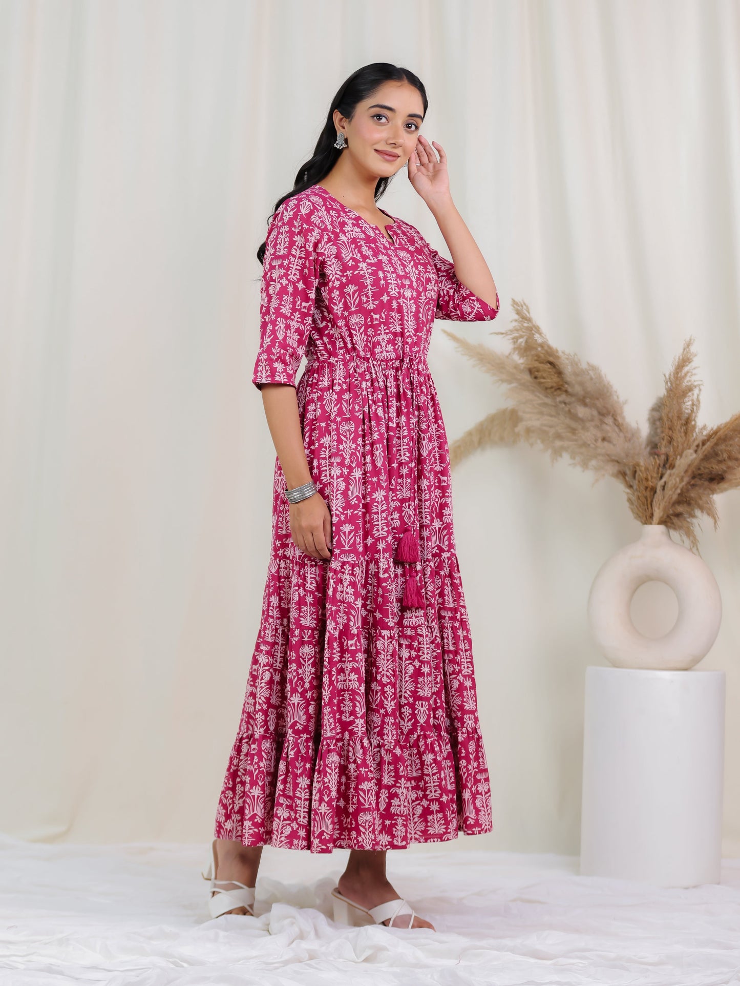 Soft Cotton Floral Anarkali Pink Dress