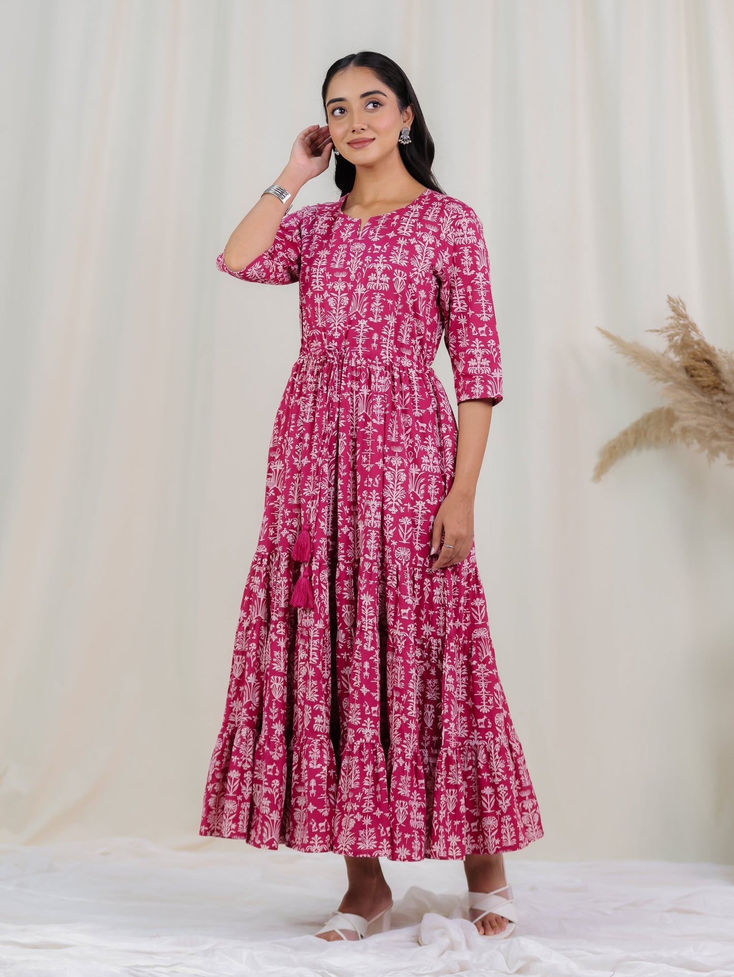 Soft Cotton Floral Anarkali Pink Dress