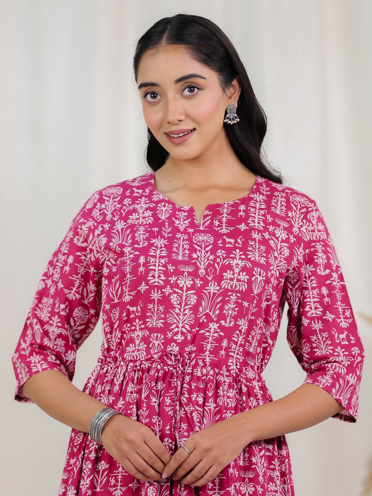 Soft Cotton Floral Anarkali Pink Dress
