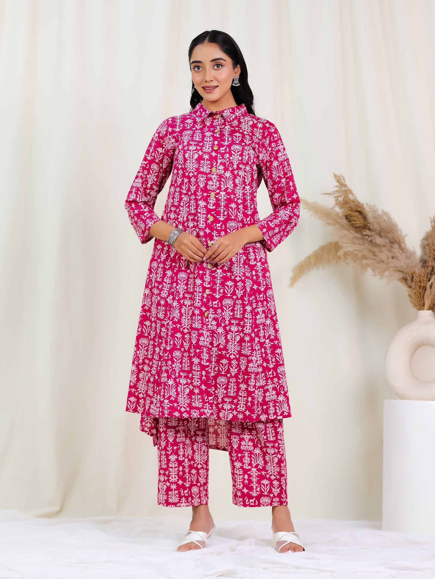 Soft Cotton Floral High Low Pink Kurta