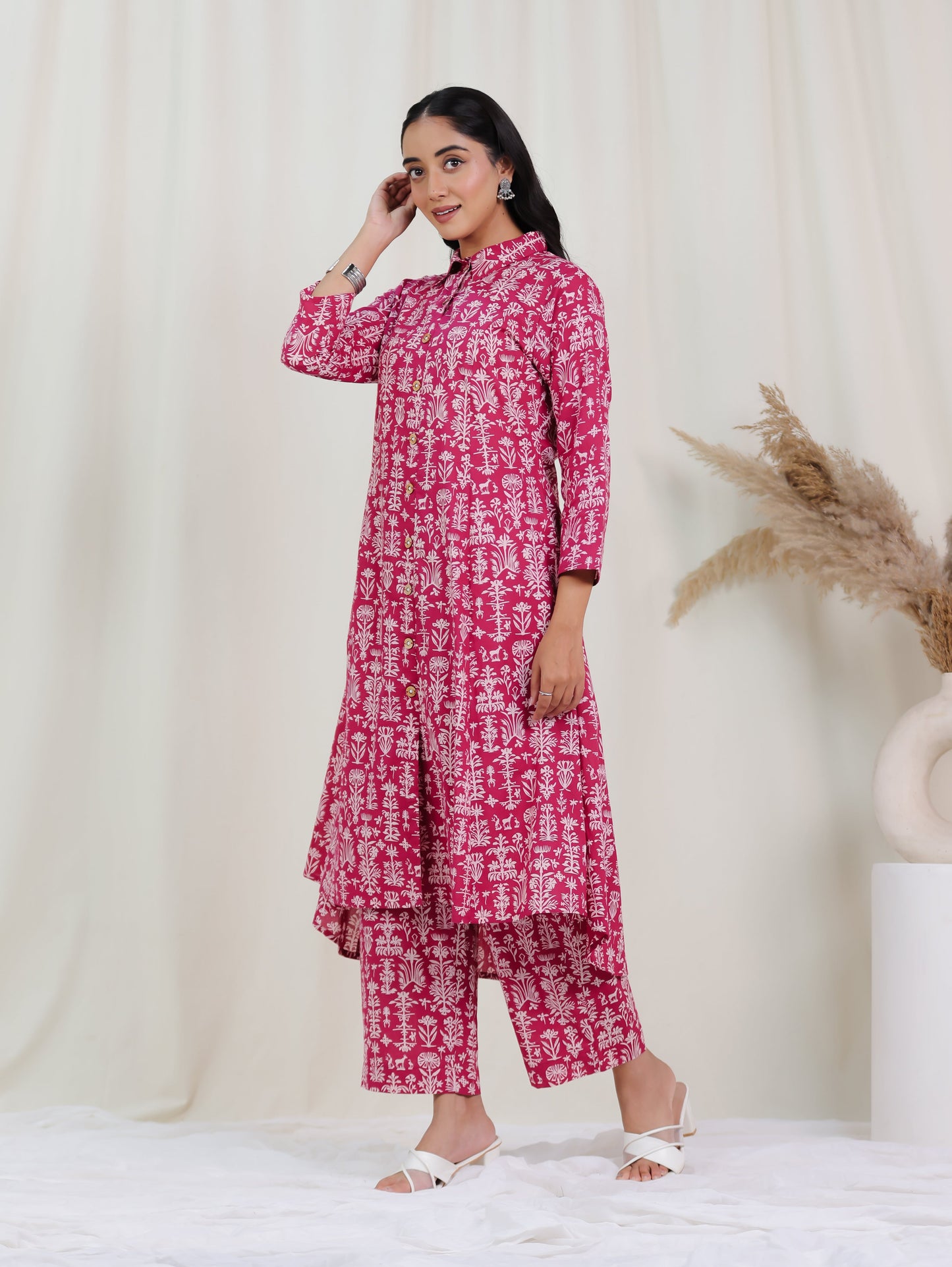 Soft Cotton Floral High Low Pink Kurta