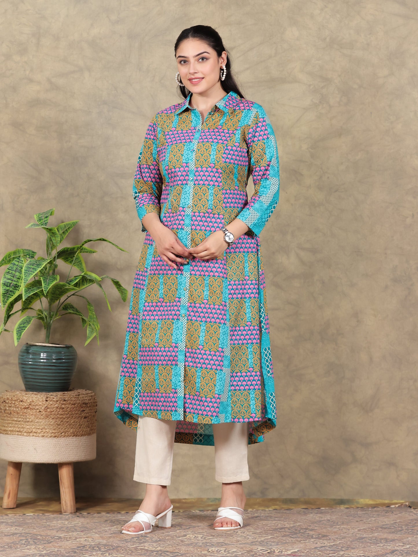 Soft Cotton Patchwork High Low Multicolor Kurta