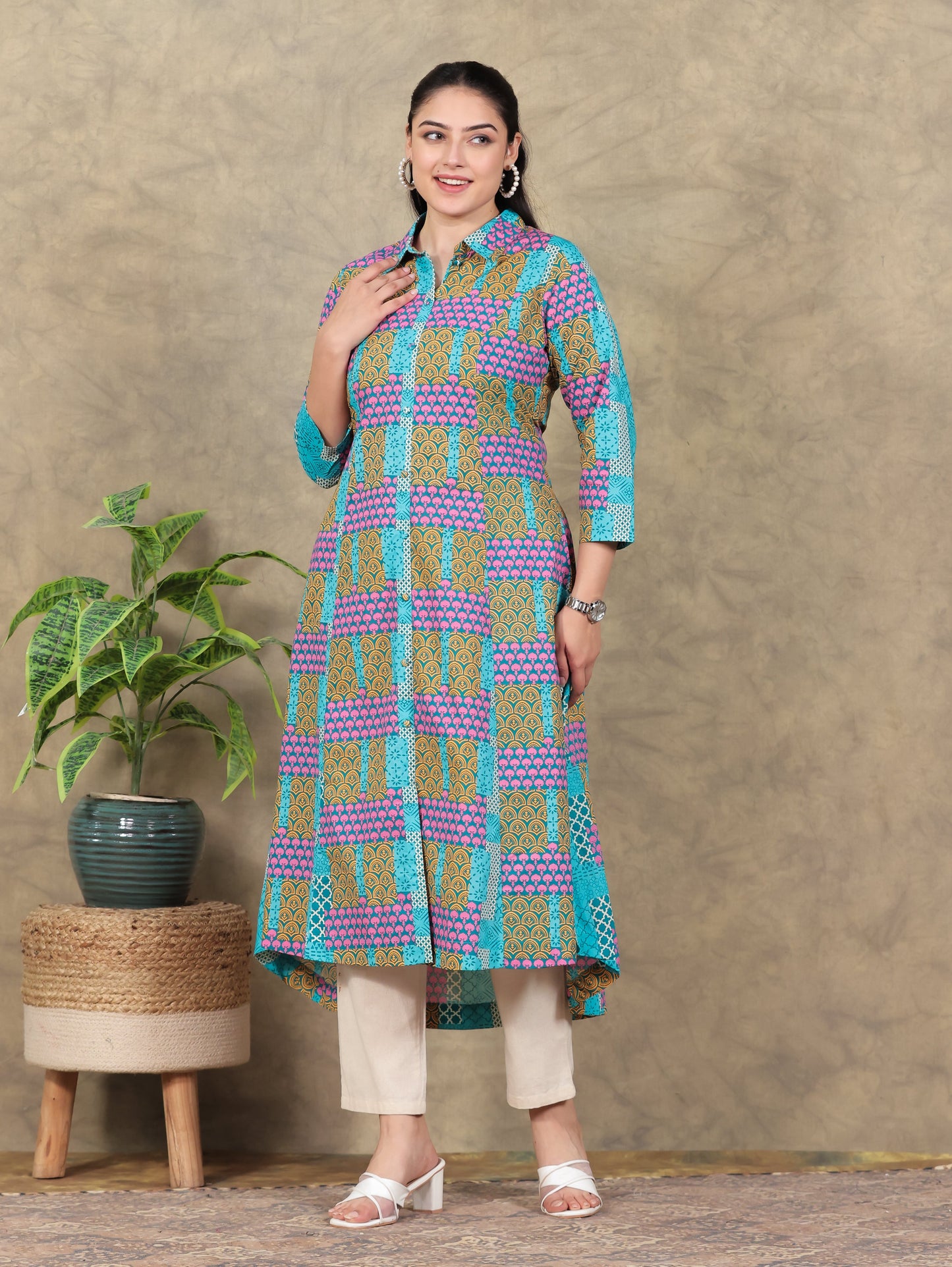 Soft Cotton Patchwork High Low Multicolor Kurta