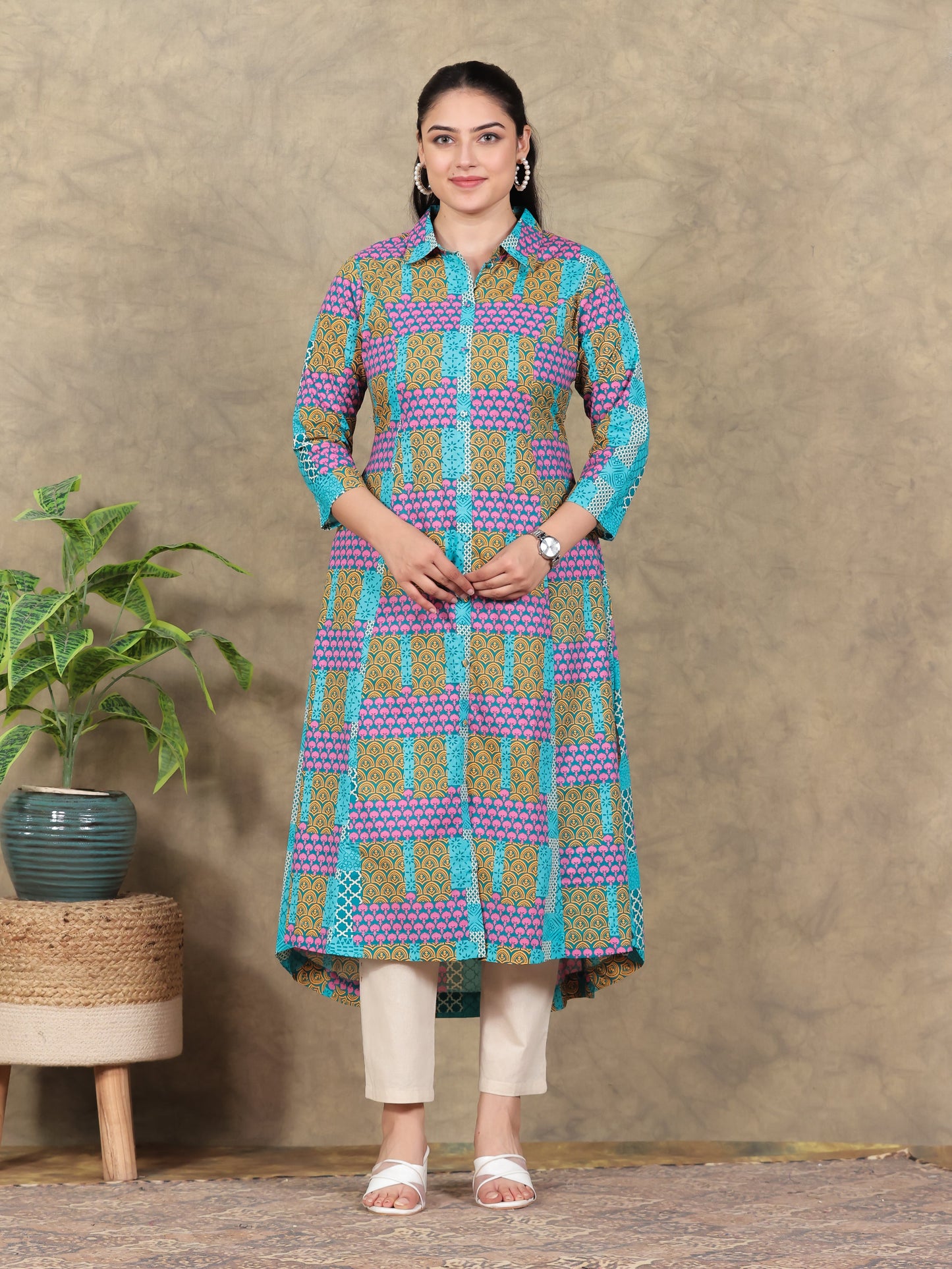 Soft Cotton Patchwork High Low Multicolor Kurta