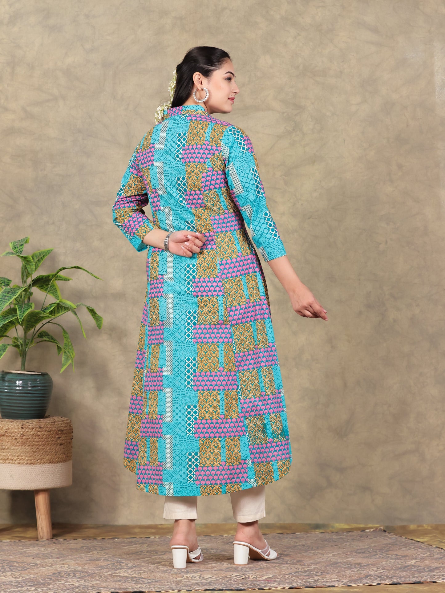 Soft Cotton Patchwork High Low Multicolor Kurta