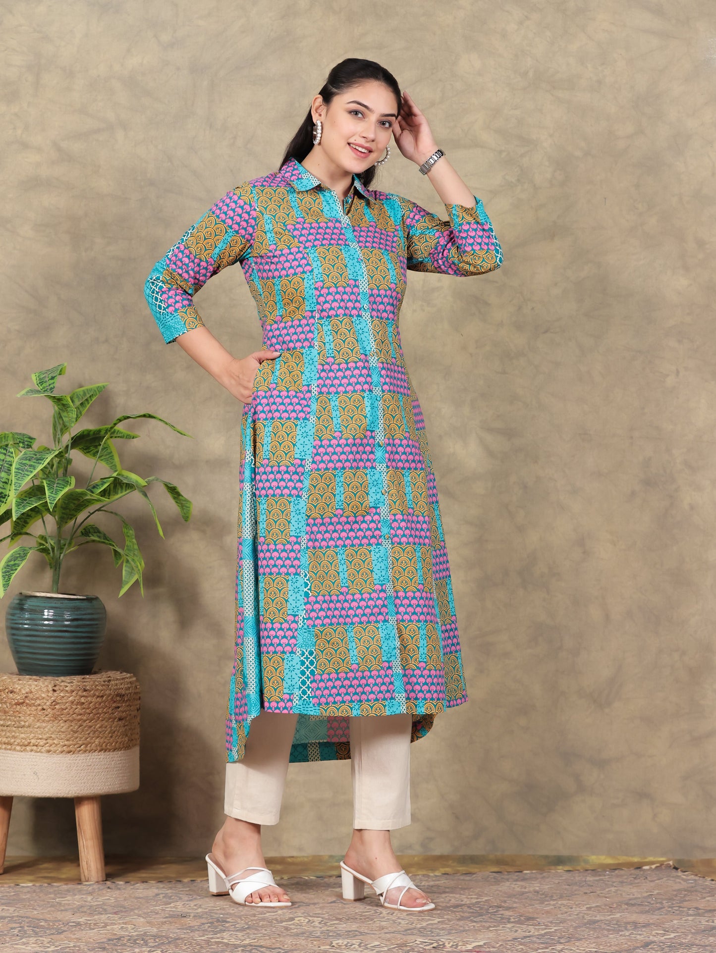 Soft Cotton Patchwork High Low Multicolor Kurta
