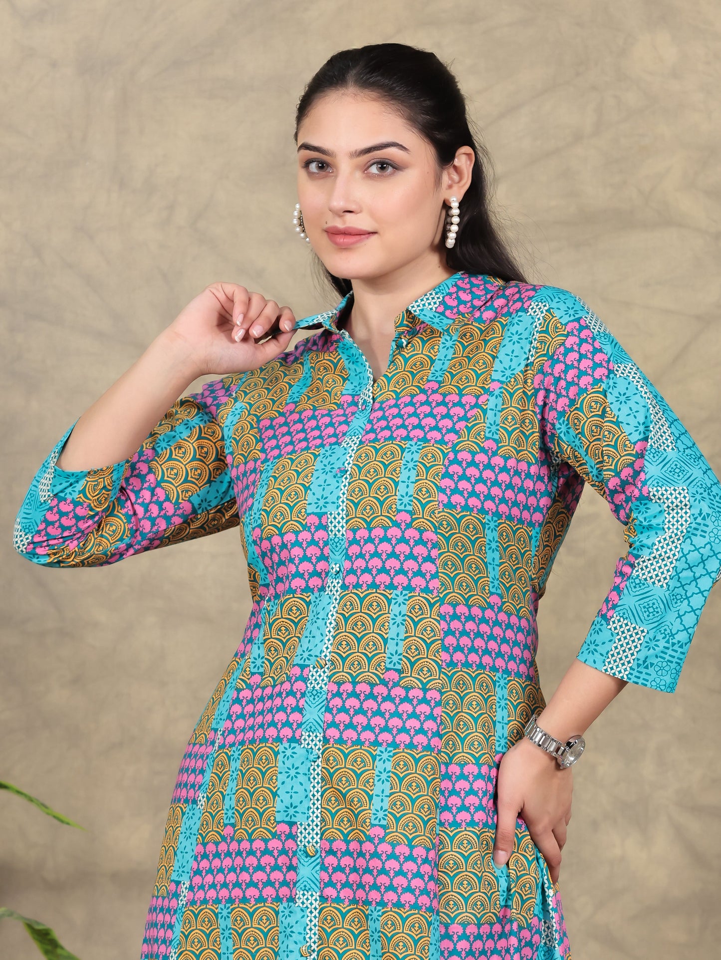 Soft Cotton Patchwork High Low Multicolor Kurta