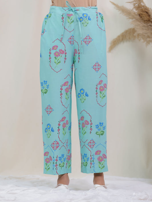 Soft Cotton Floral Mint Green Straight Trousers