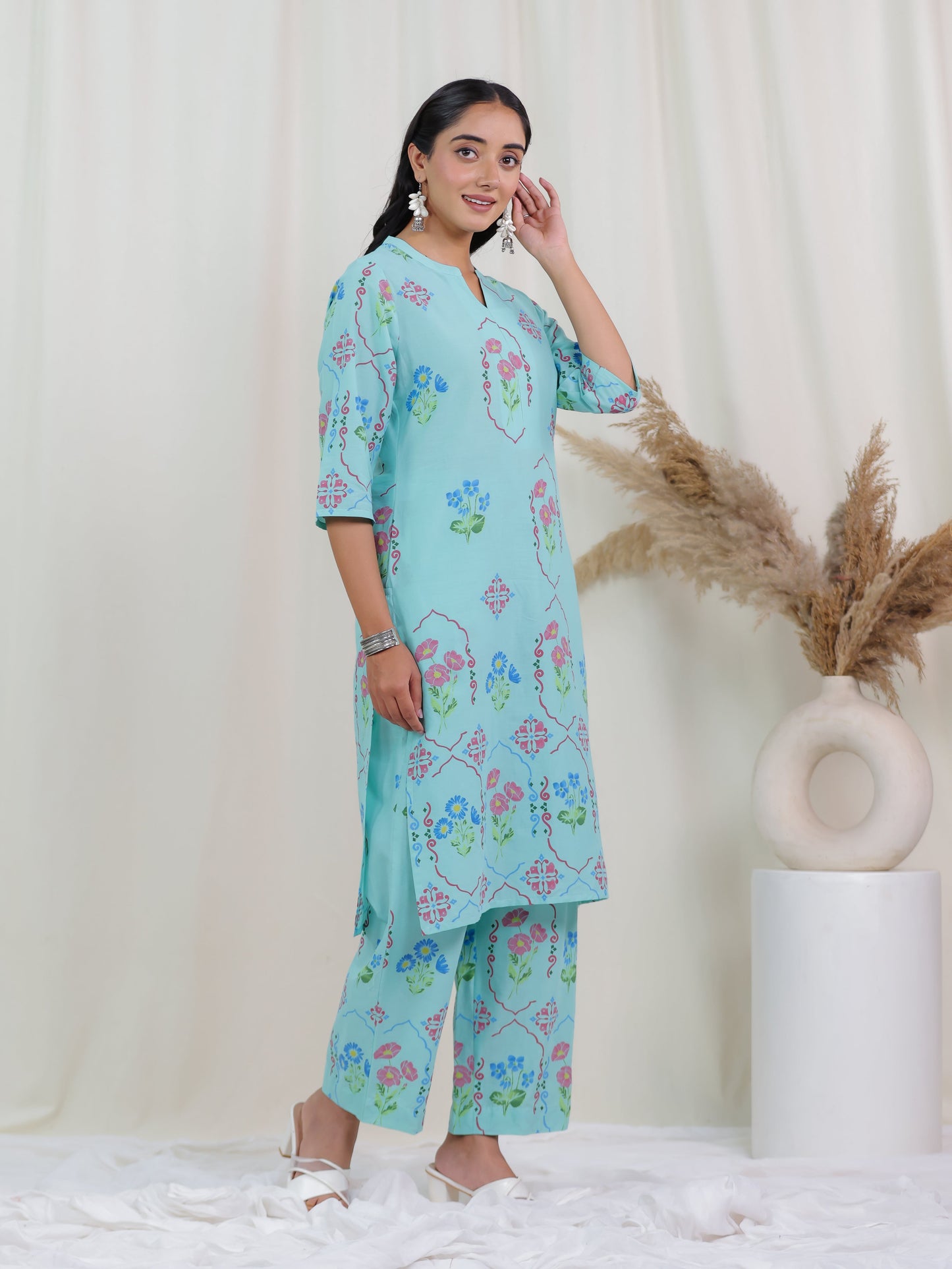 Soft Cotton Floral Straight Mint Green Kurta