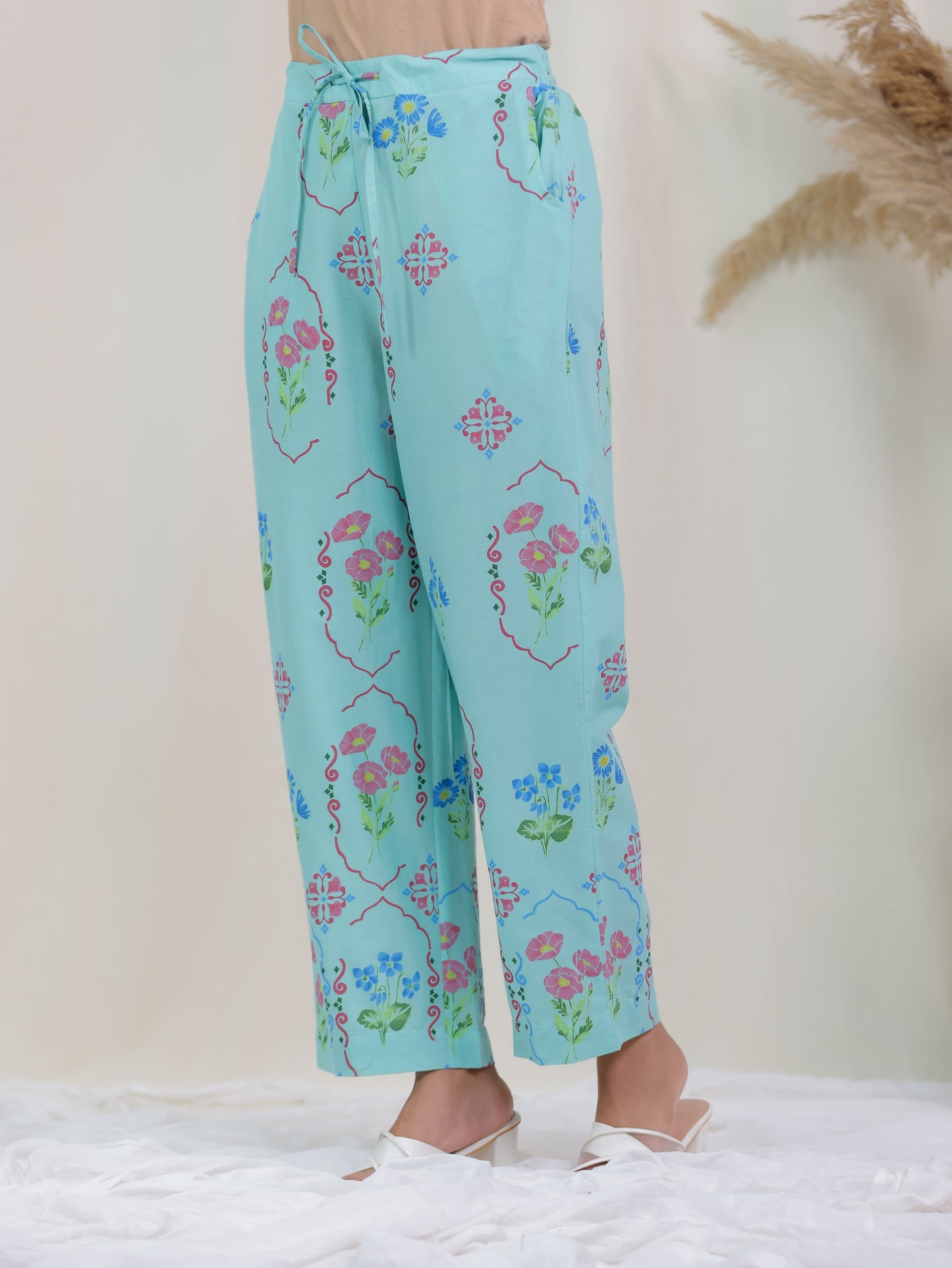 Soft Cotton Floral Straight Mint Green Kurta