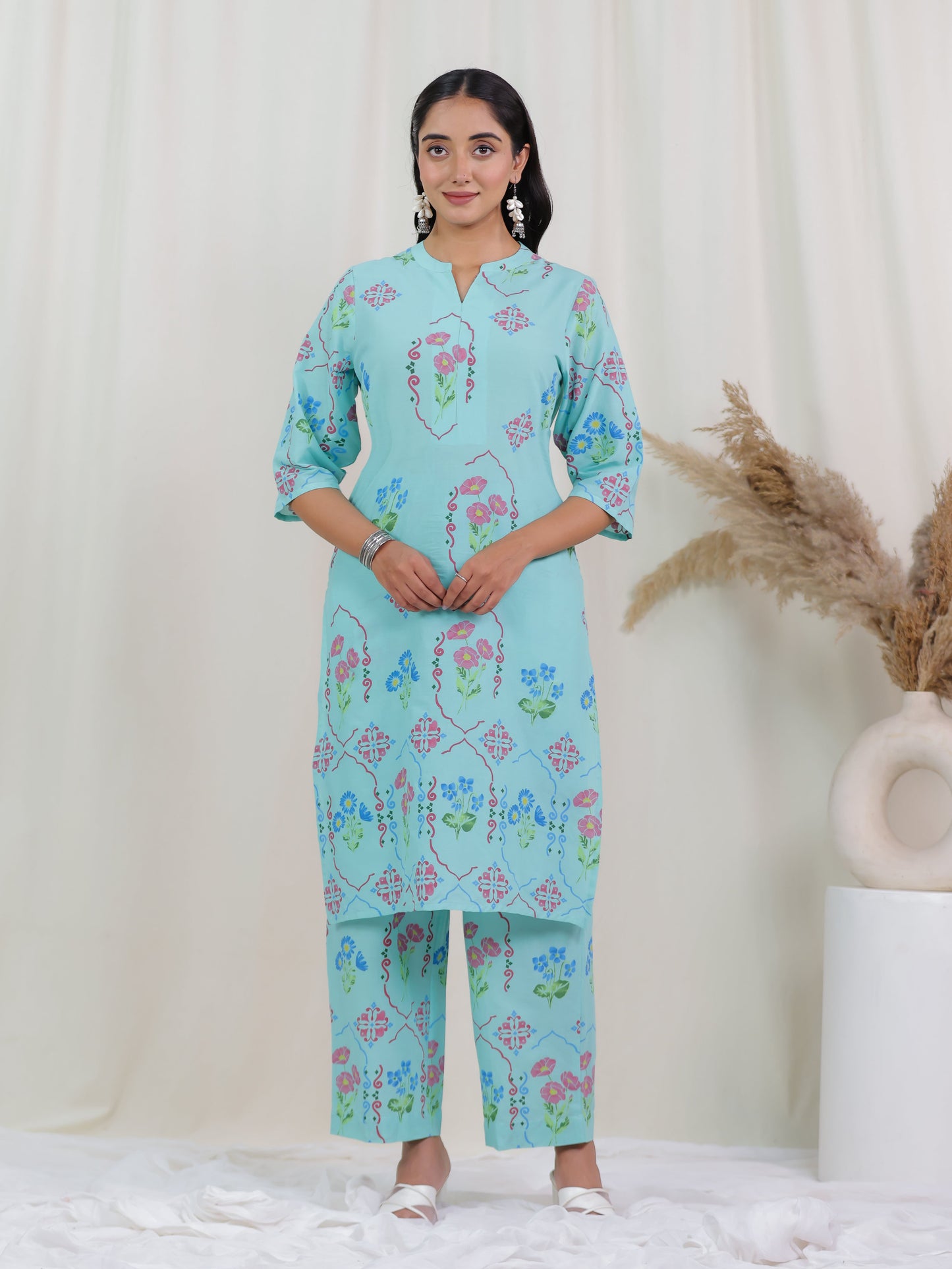 Soft Cotton Floral Straight Mint Green Kurta